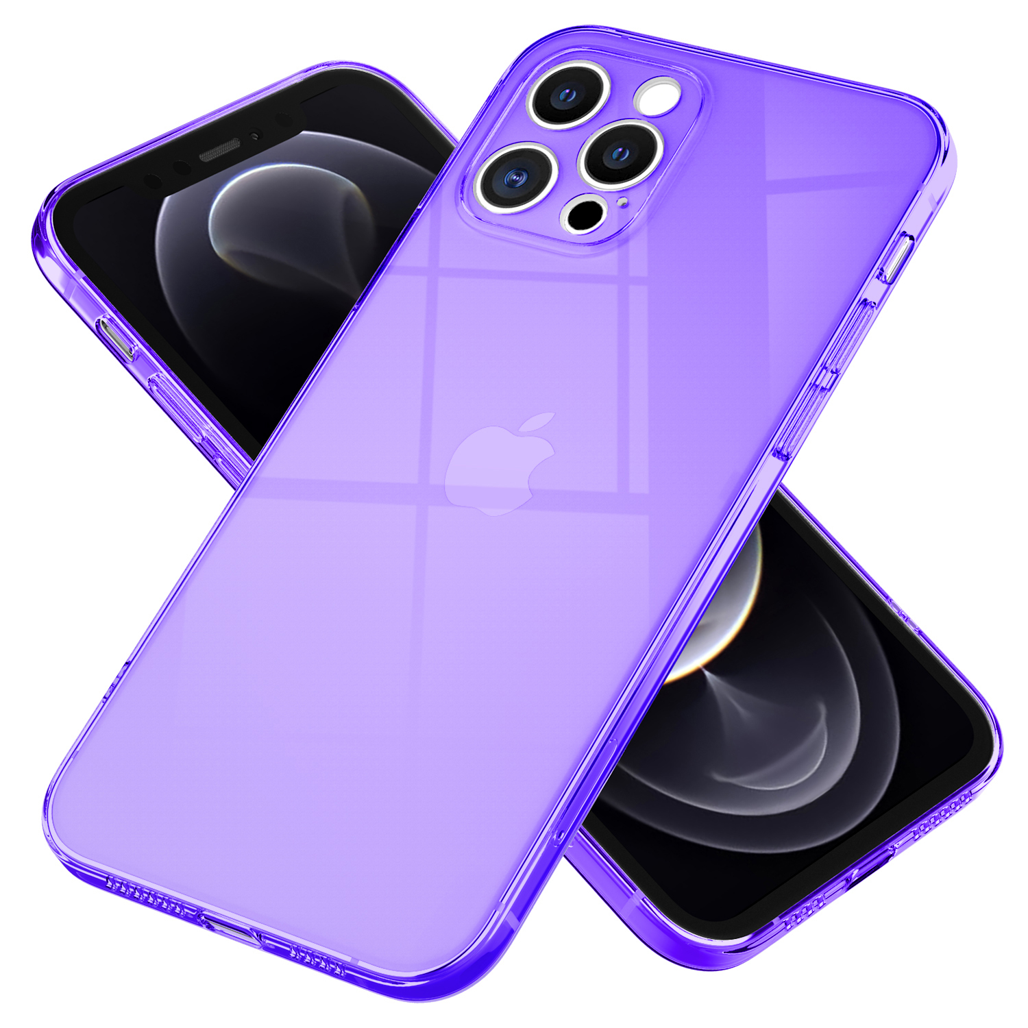 Zwei Telefone mit lila Hüllen. Die Handyhüllen sind glänzend und durchscheinend und zeigen das Telefon im Inneren.