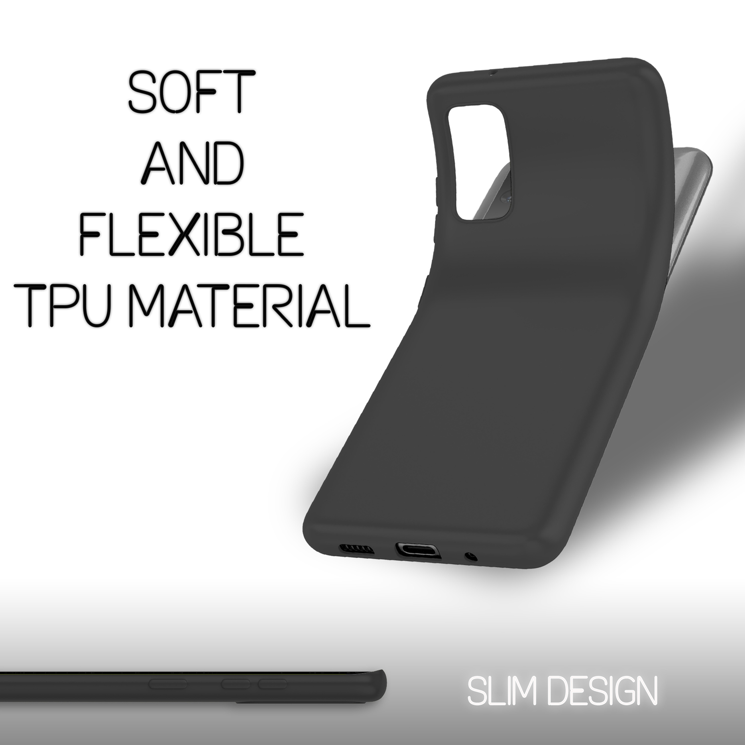 Schwarze Handyhülle mit Text. Die Hülle befindet sich auf dunklem Hintergrund. Text lautet: Weiches und flexibles TPU-Material, schlankes Design.