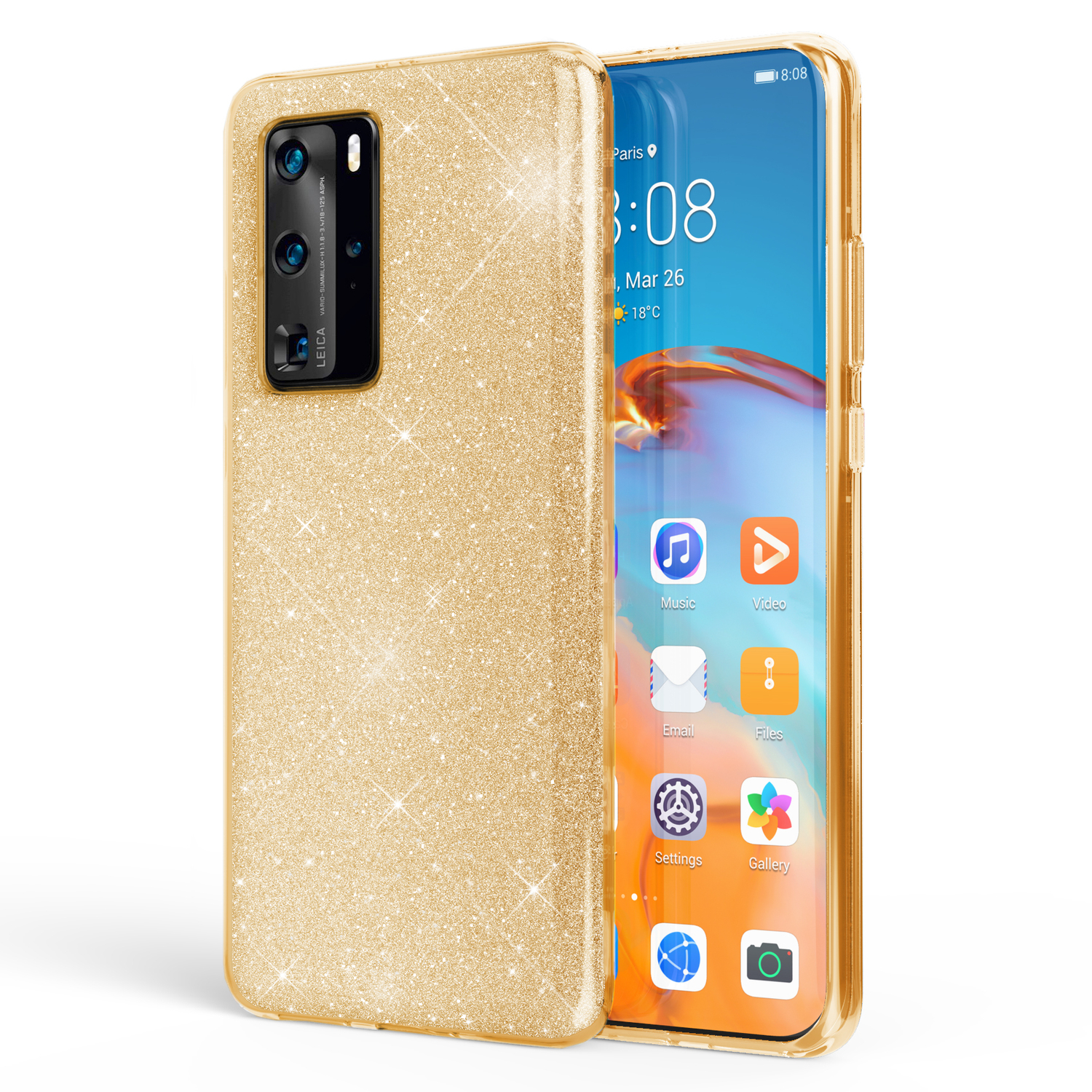 Custodia dorata con glitter e smartphone.