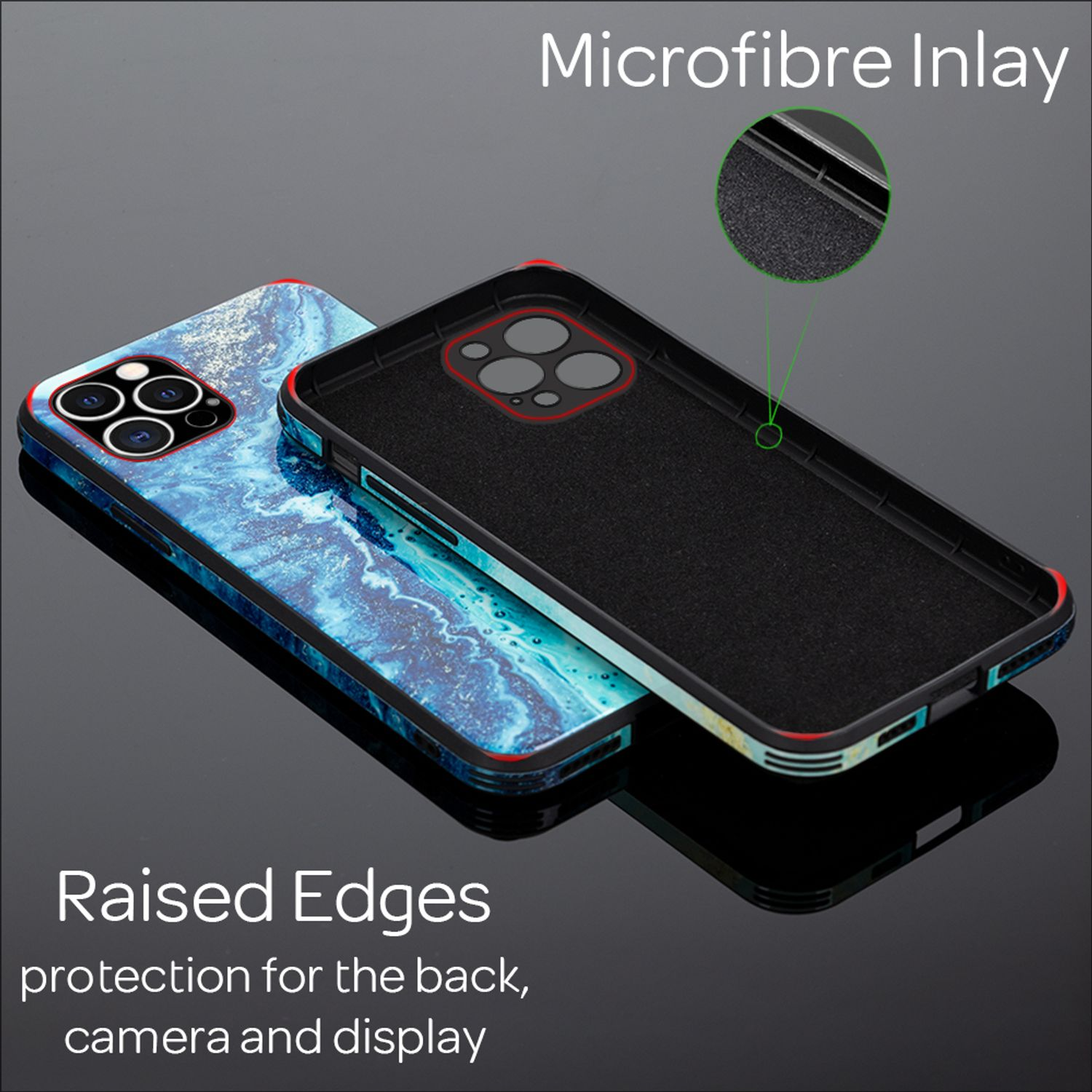Dos fundas de teléfono, una encima de la otra, con diseño brillante.