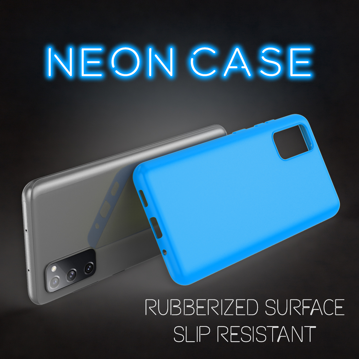 Neon-Hülle mit grauem Telefon und blauer Hülle. Text: "NEON CASE" und "RUBBERIZED SURFACE".