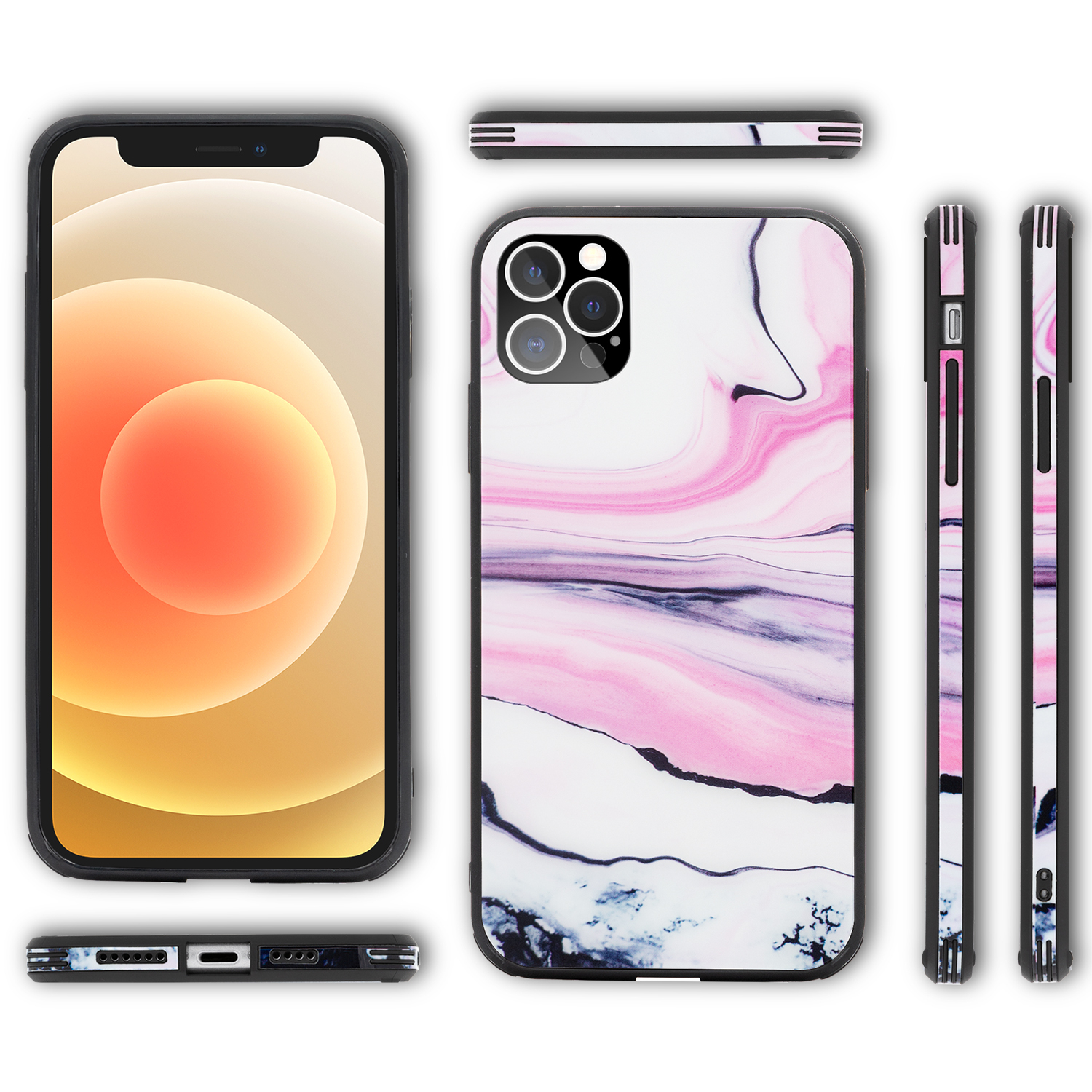Funda de teléfono, diseño de mármol, múltiples vistas. Marco negro, remolinos rosas y blancos. Vistas superior, lateral y frontal.