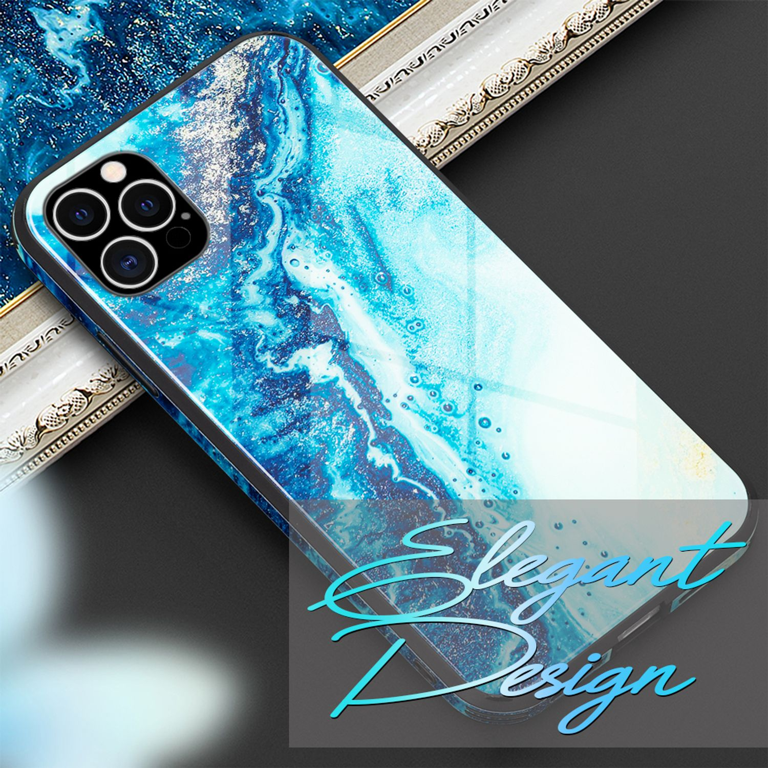 Funda de teléfono con diseño de mármol azul y blanco. Texto: Diseño elegante. Un marco plateado alrededor.