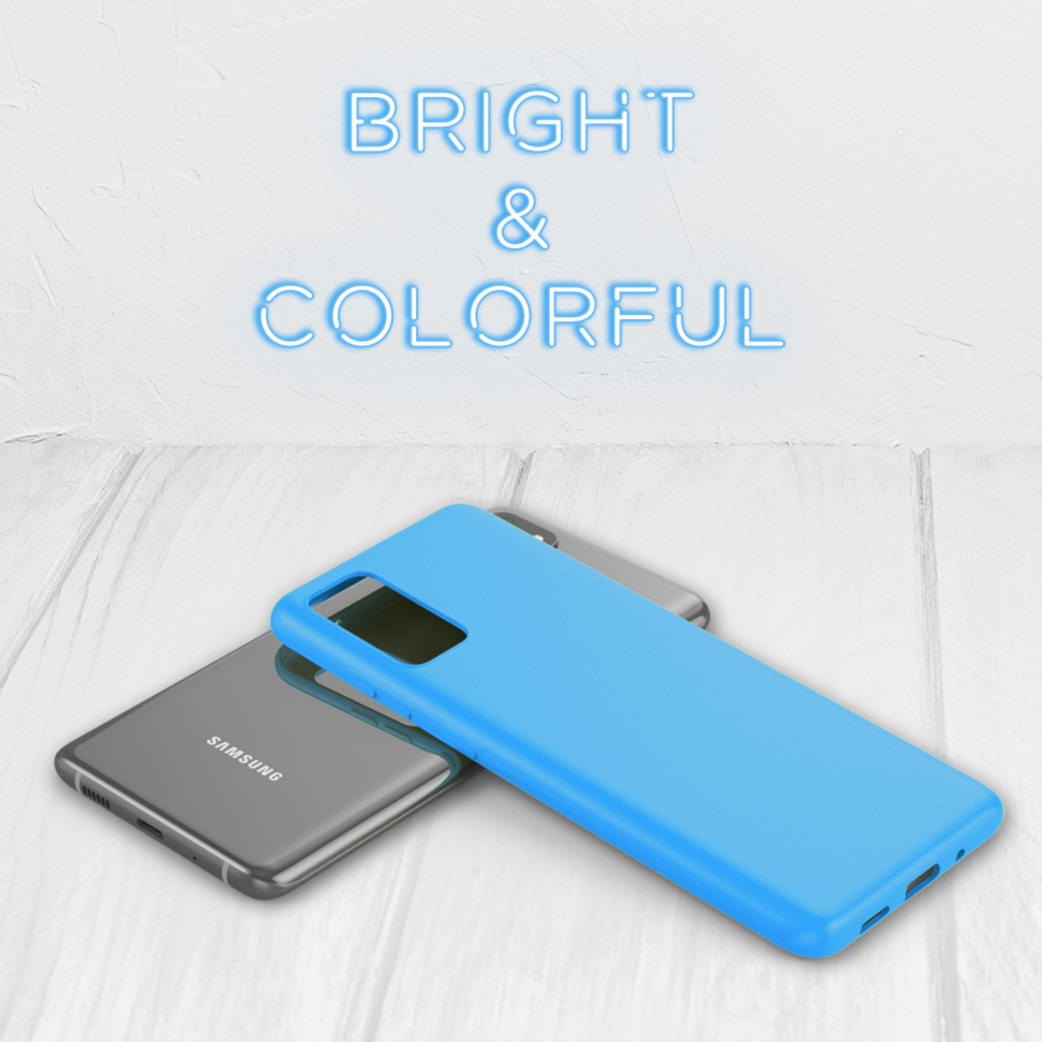 Blaue Handyhülle auf einem Telefon. Der Text lautet 'Hell & bunt'. Zwei Telefone befinden sich auf einer Holzoberfläche.