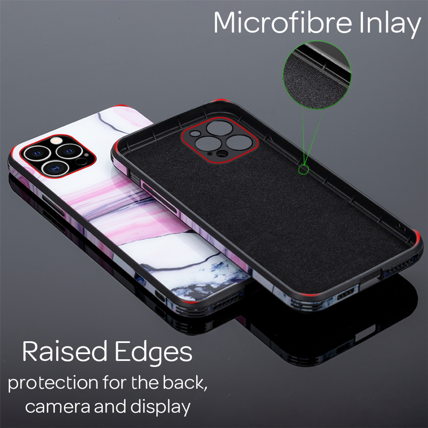 Dos fundas con diseño de mármol e interiores negros. La imagen resalta bordes elevados para protección.