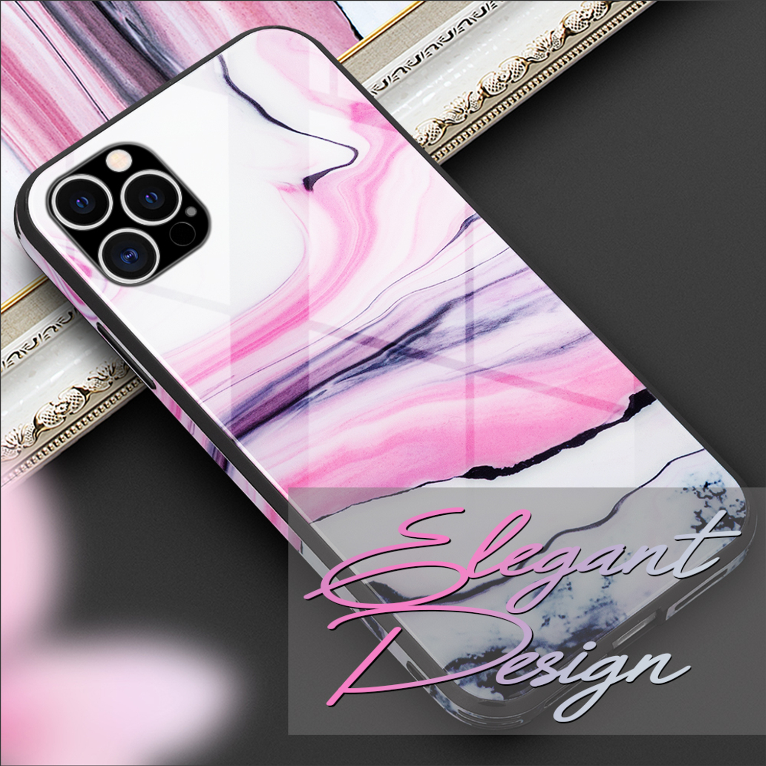Funda de teléfono con diseño de mármol rosa y blanco, con texto "Elegant Design".