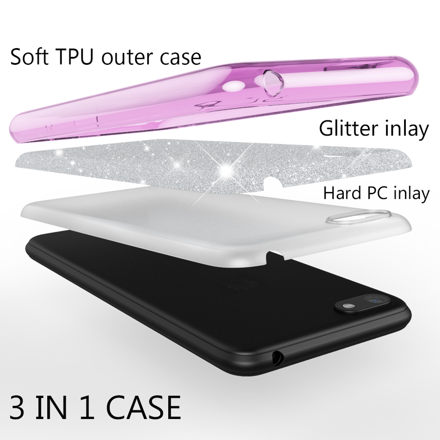 Une coque de téléphone avec des couches, avec un téléphone et du texte sur la coque.