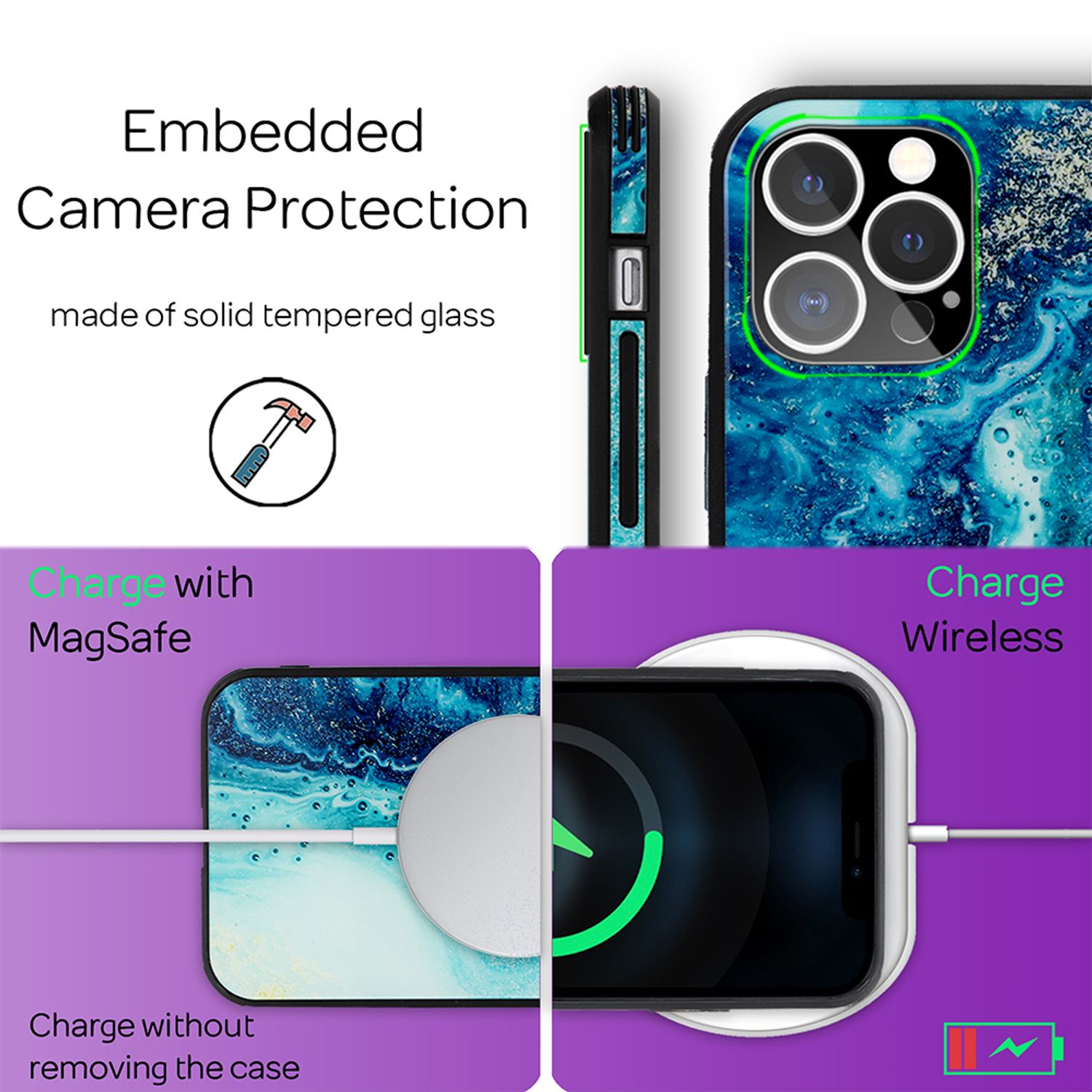 Diagrama que muestra las características de la funda del teléfono: protección de la cámara, carga MagSafe y opciones de carga inalámbrica.
