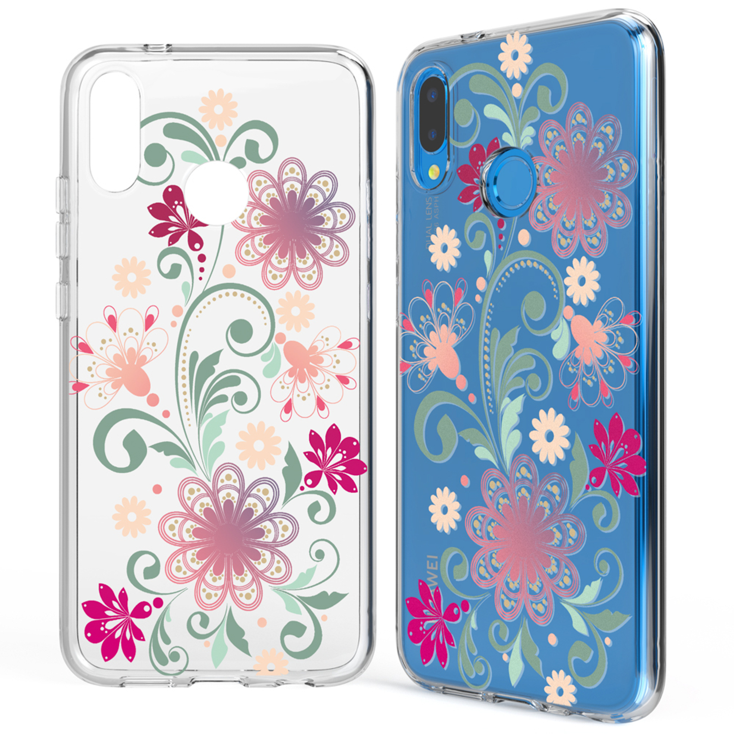Deux coques de téléphone avec motifs floraux. Une transparente, l'autre bleue à fleurs.