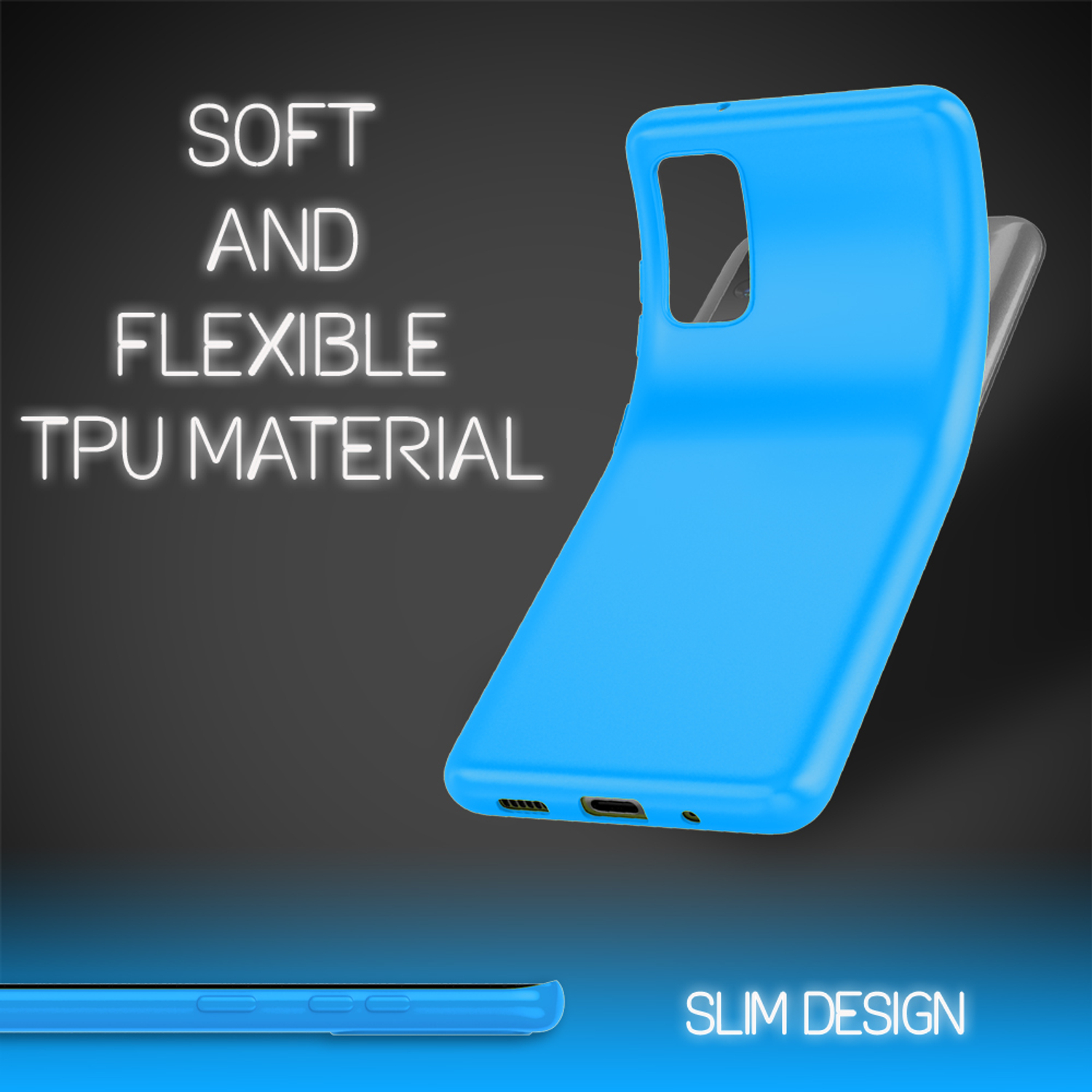 Blaue Handyhülle. Text: Weiches und flexibles TPU-Material, schlankes Design. Die Hülle auf dunklem Hintergrund.