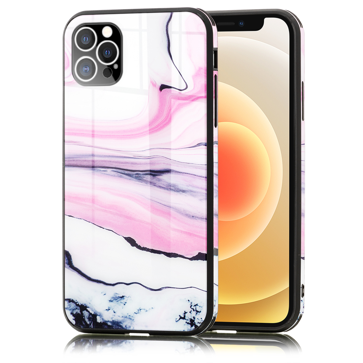 Funda para teléfono con diseño de mármol rosa. Se muestran dos teléfonos, uno con la funda puesta y el otro mostrando el teléfono.