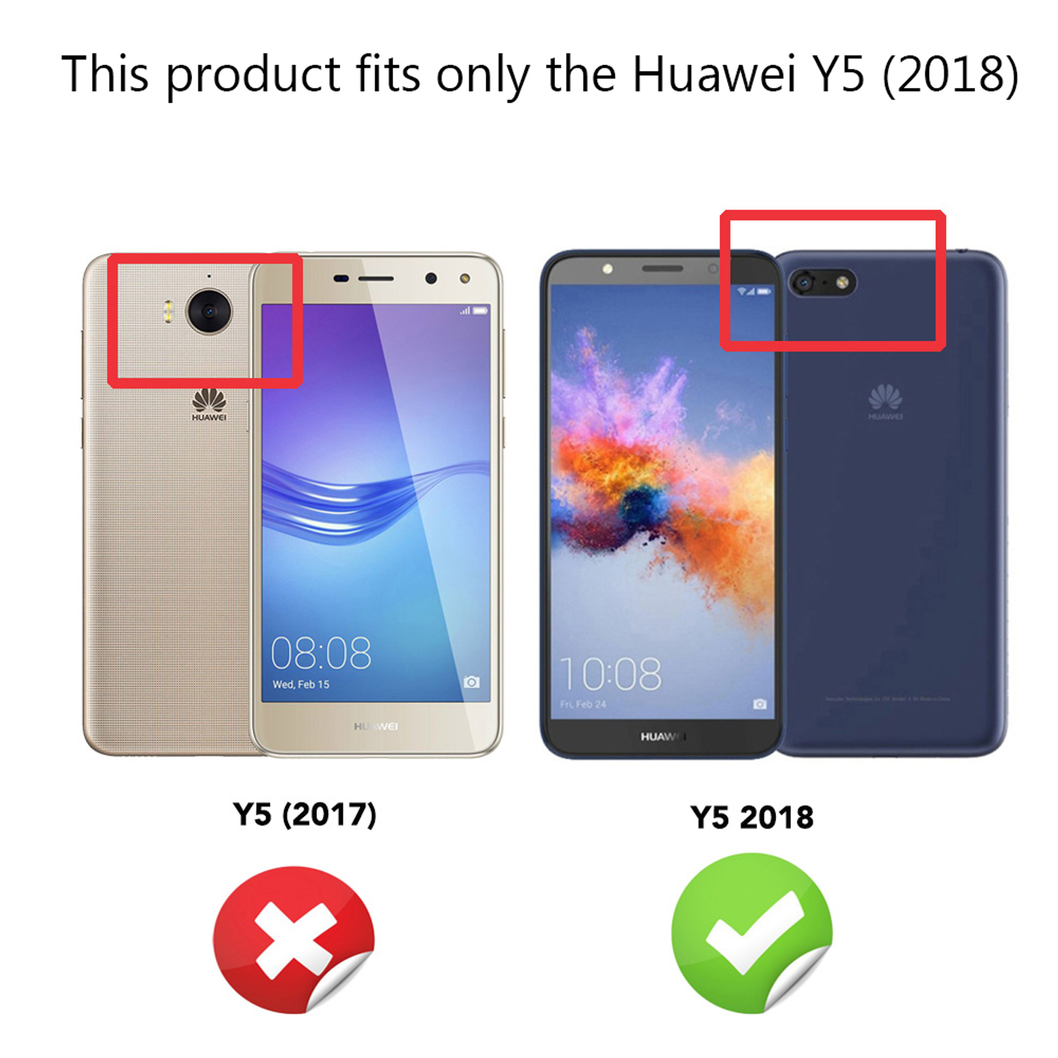 Zwei Huawei-Telefone im Vergleich. Eines ist Y5 (2017), das andere Y5 2018 mit rotem Rechteck um die Kamera.