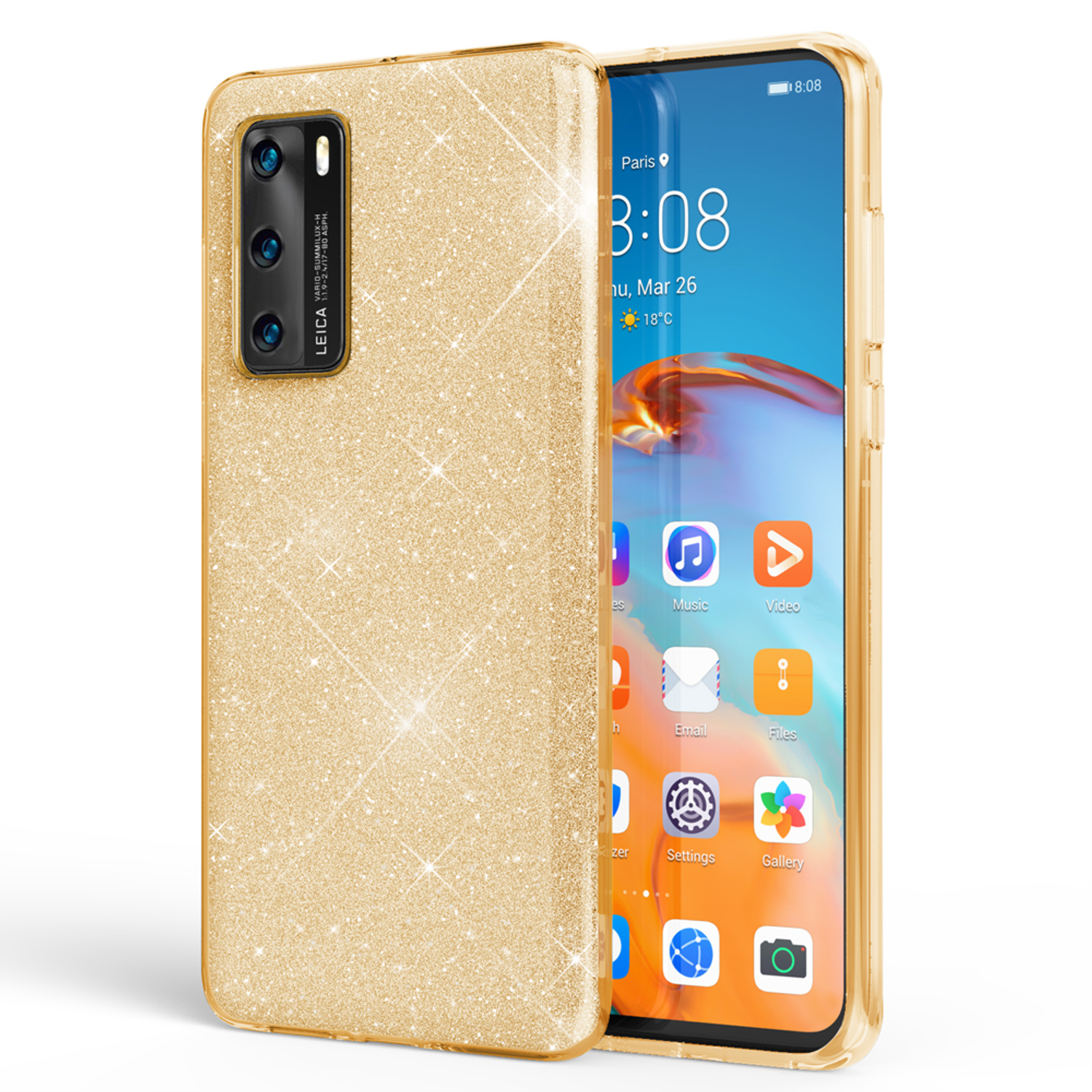 Zwei Handyhüllen. Eine Handyhülle mit goldenem Glitzerdesign, die andere zeigt den Telefonbildschirm.