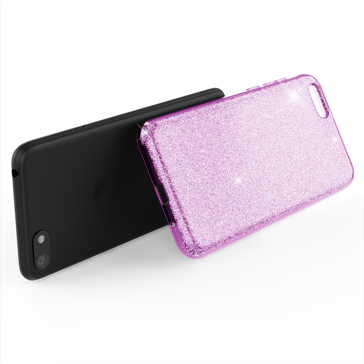 Ein Telefon und eine glitzernde lila Hülle nebeneinander. Die Rückseite des Telefons ist schwarz.