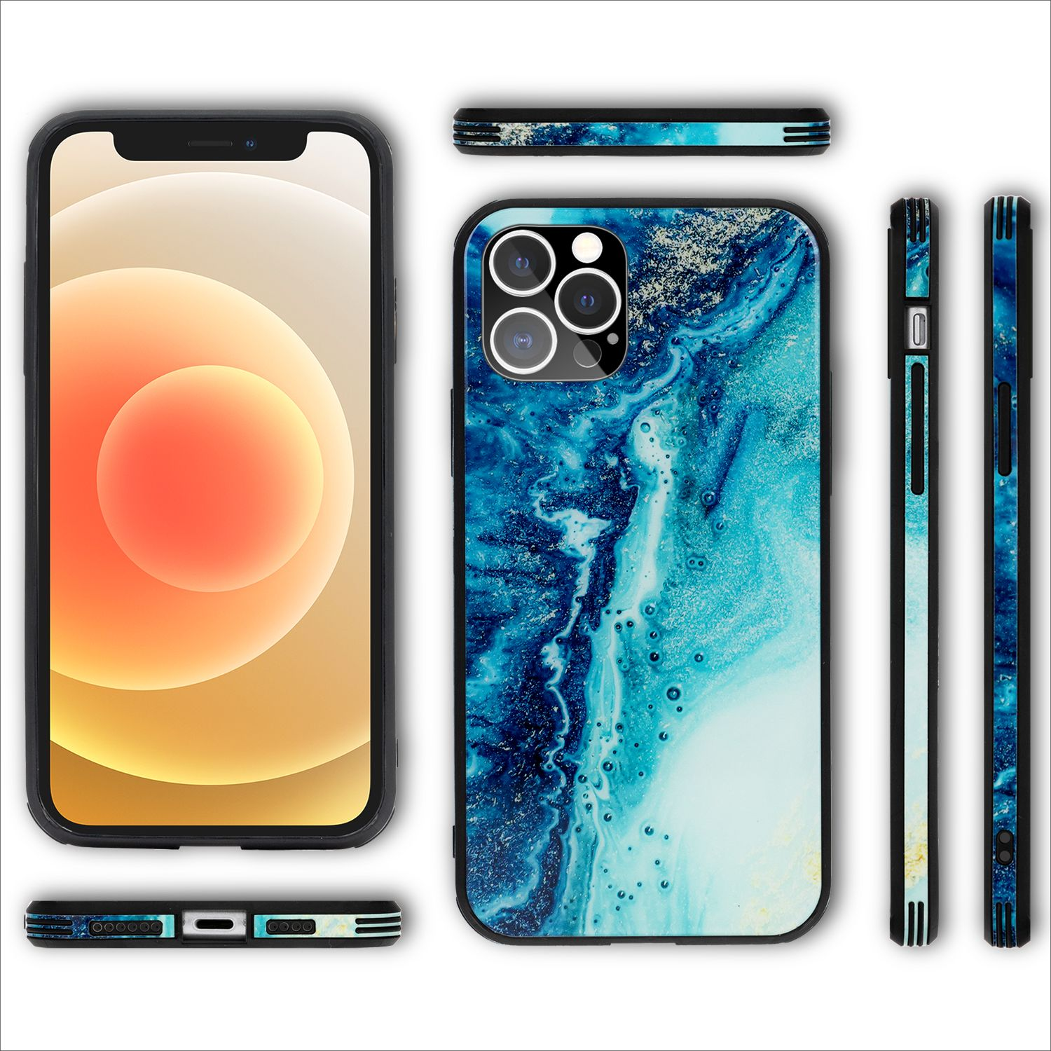 Funda para iPhone con patrón de mármol azul, se muestran varios ángulos, incluido el interior.