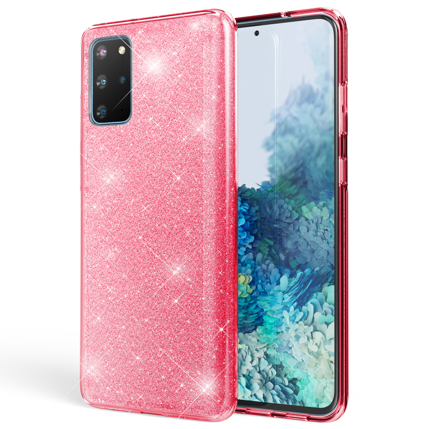 Rosa, glitzernde Handyhülle auf weißer Oberfläche, mit Handy.