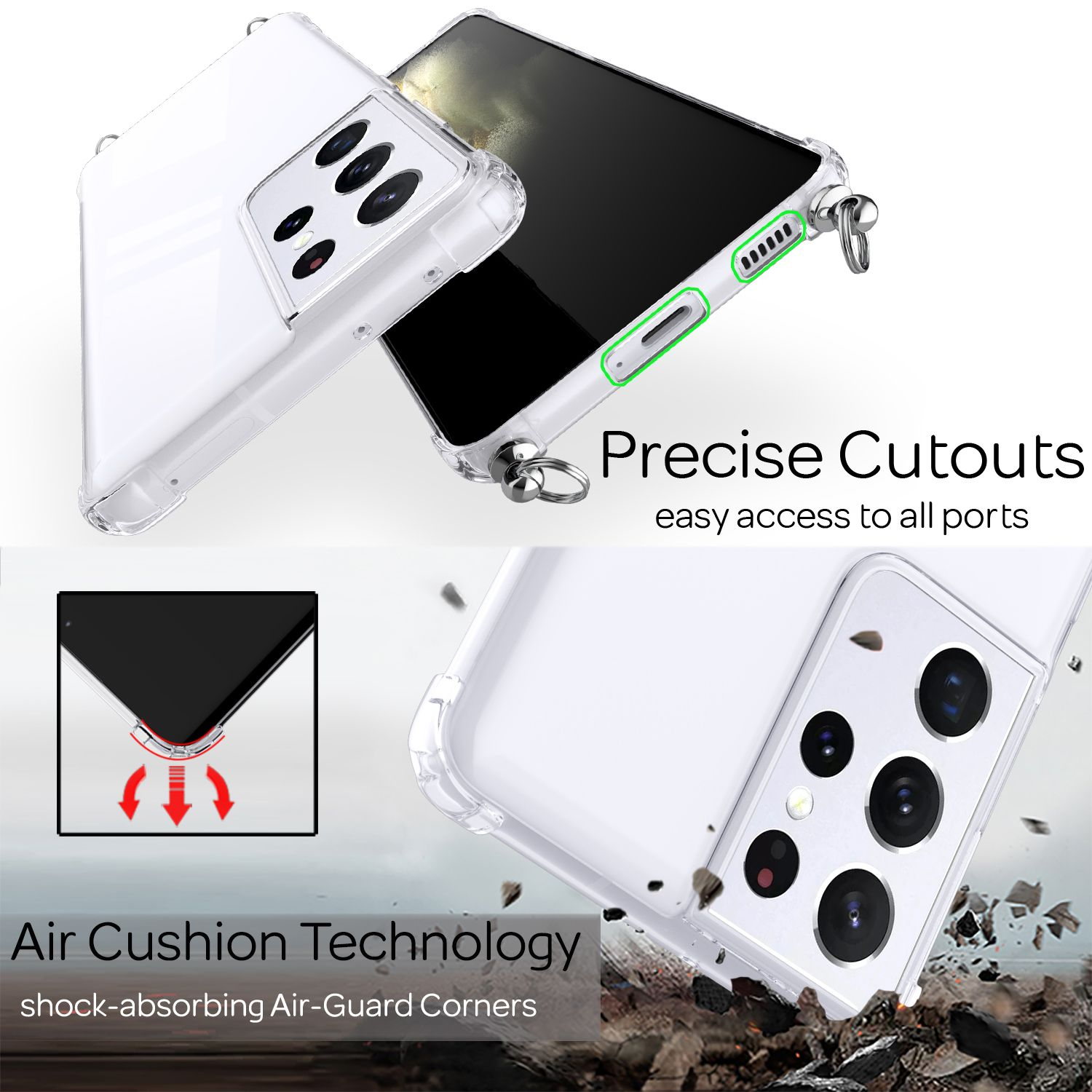 Custodia trasparente per telefono che protegge un telefono. Sono mostrati ritagli precisi. Viene mostrata anche la tecnologia Air Cushion.