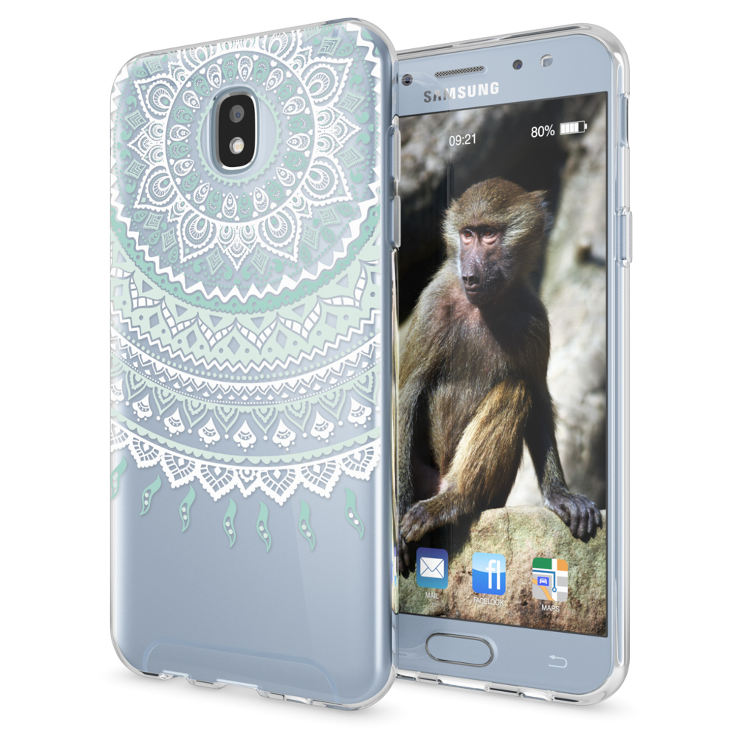 Telefon in hellblauer Hülle, Mandala-Design. Bildschirm zeigt einen Pavian auf einem Felsen.