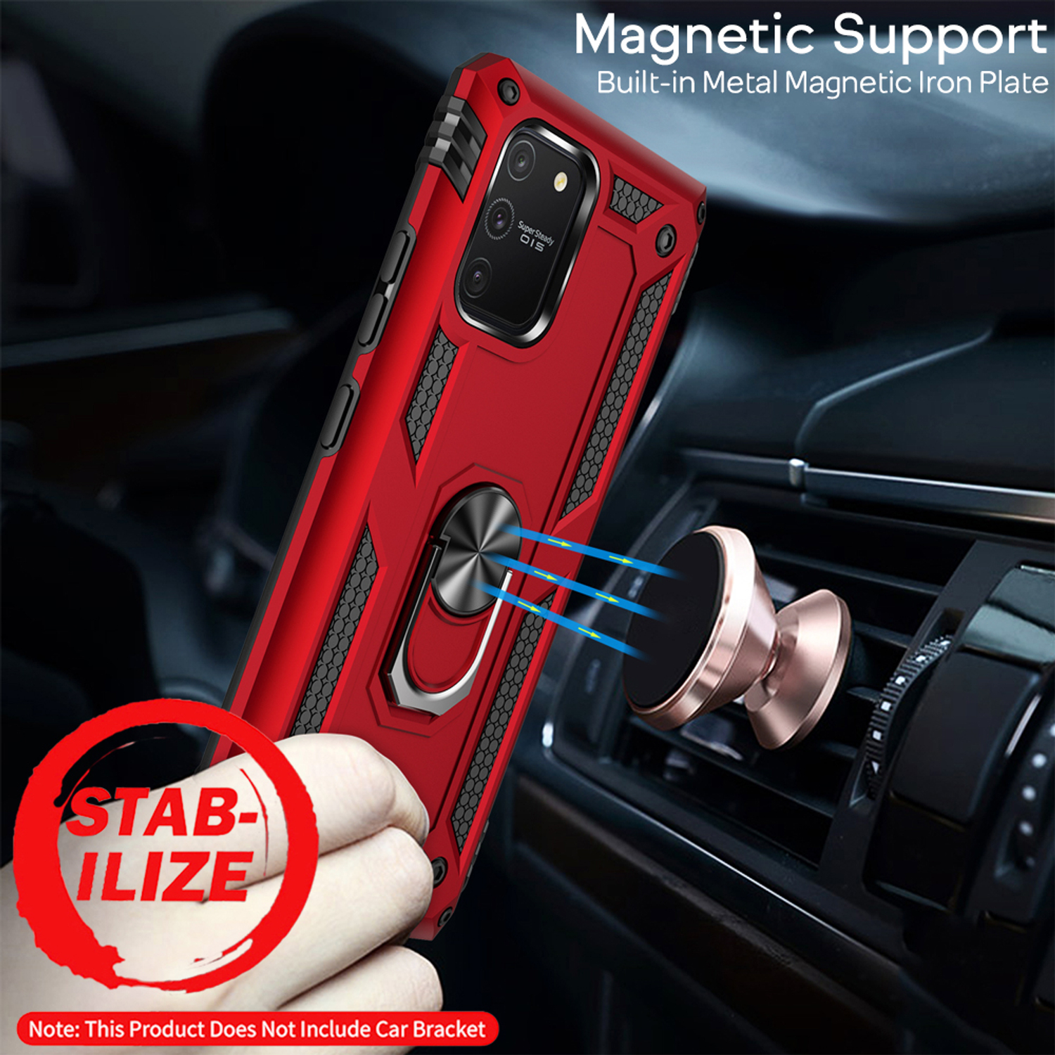 Eine rote Handyhülle an einer magnetischen Autohalterung befestigt. Text: Stabilisieren. Weißer Hintergrund.
