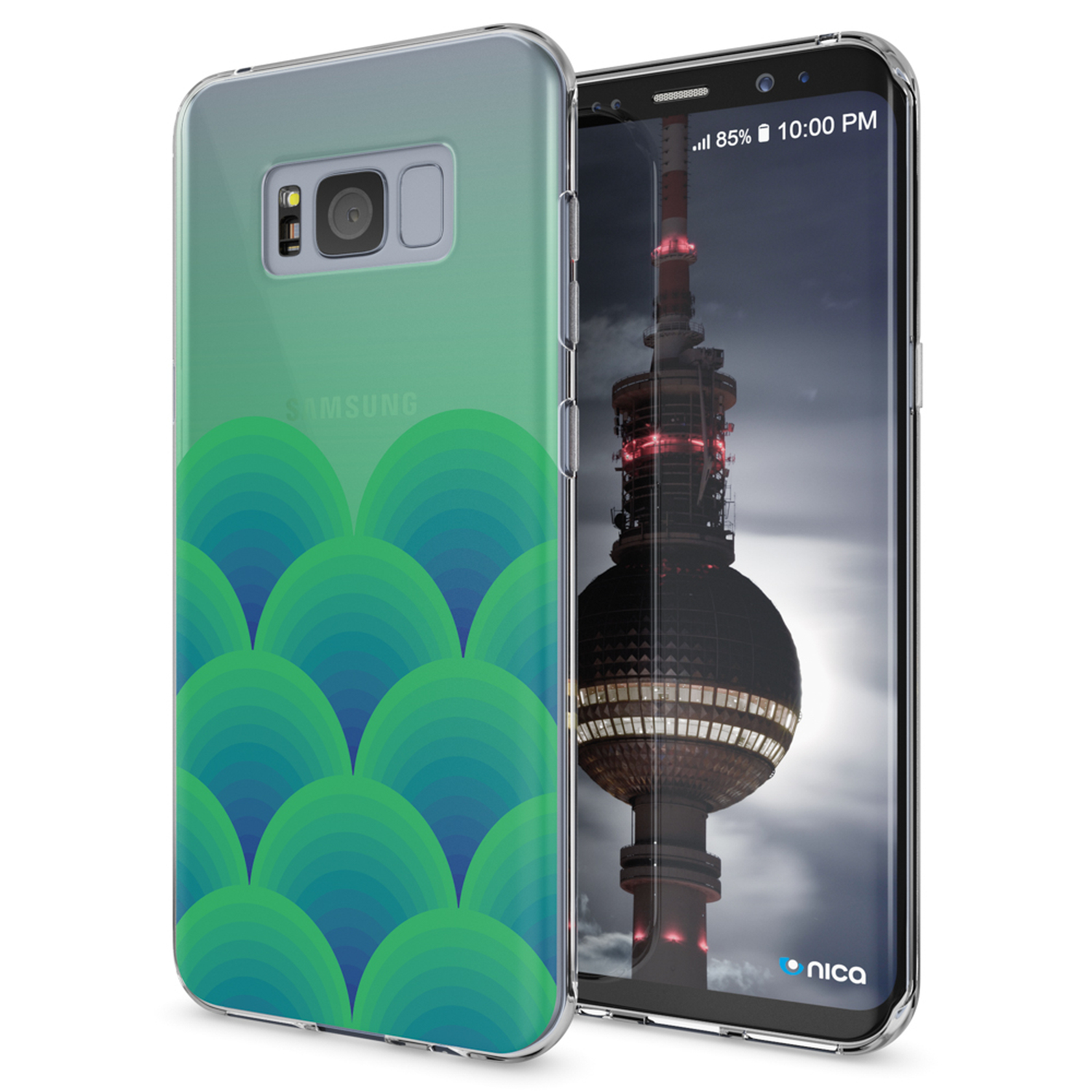 Funda de teléfono con un patrón verde y un teléfono que muestra una vista de la ciudad.