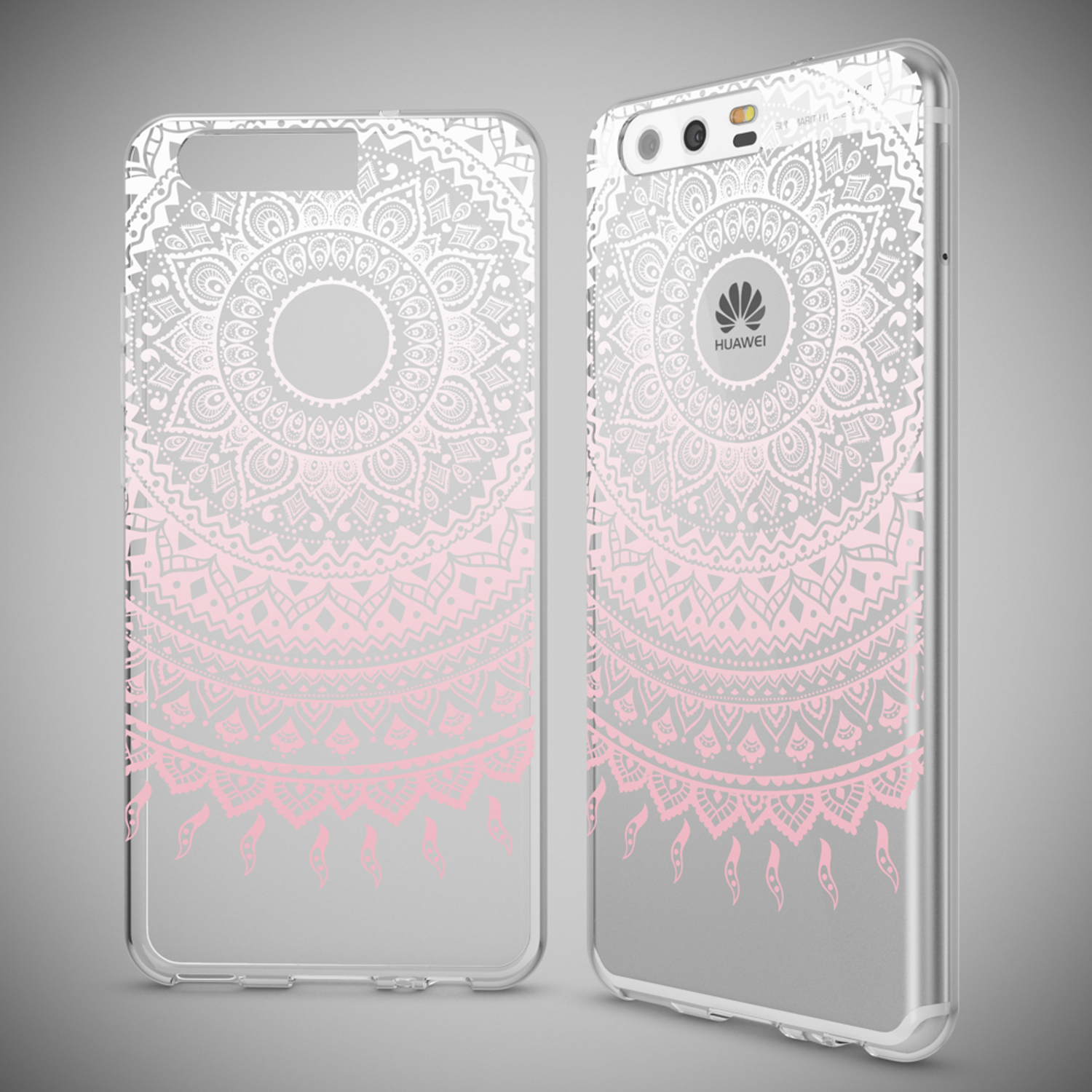 Zwei Handyhüllen mit Mandala-Design. Eine zeigt die Vorderseite, die andere die Rückseite. Grauer Hintergrund.