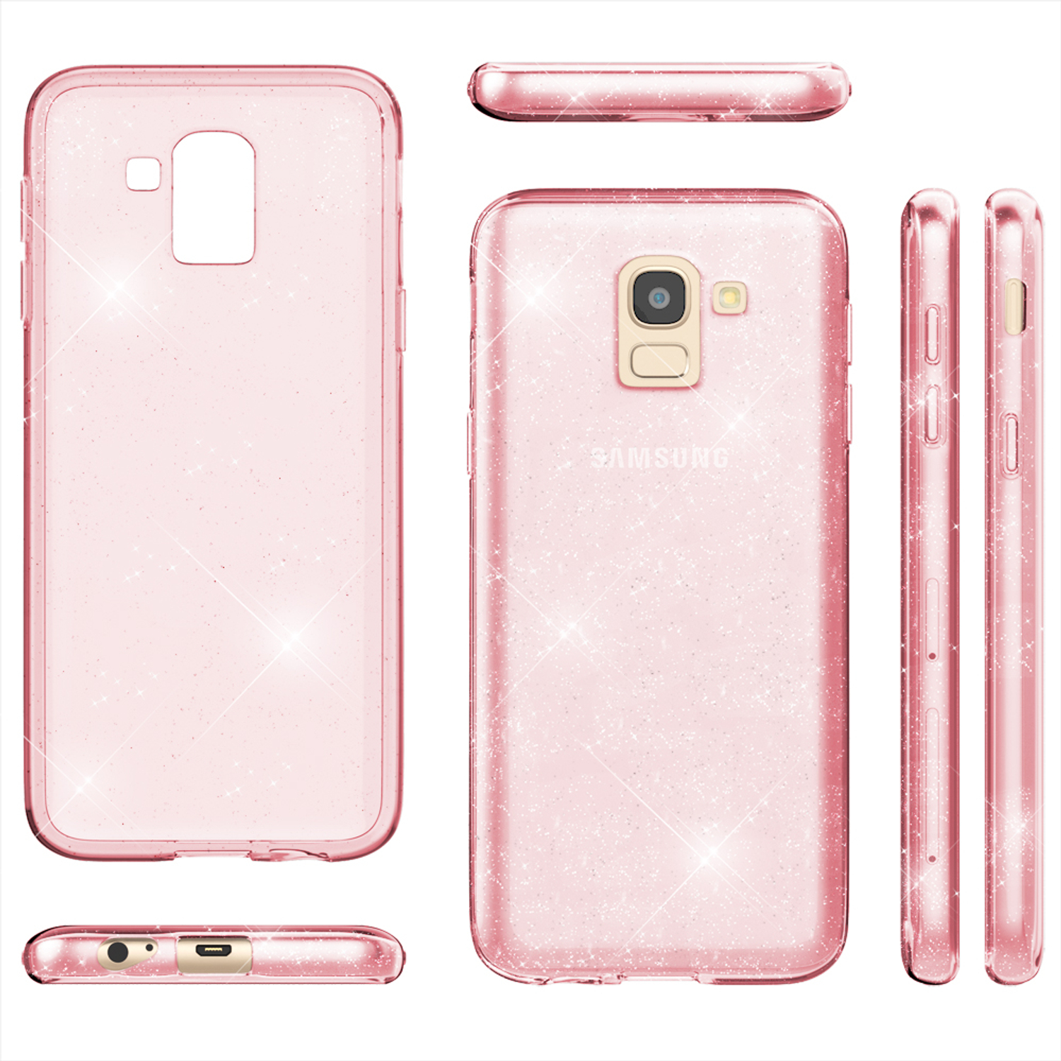 Samsung, NALIA Backcover, J6, Hülle, Pink Glitzer Galaxy Klare Silikon