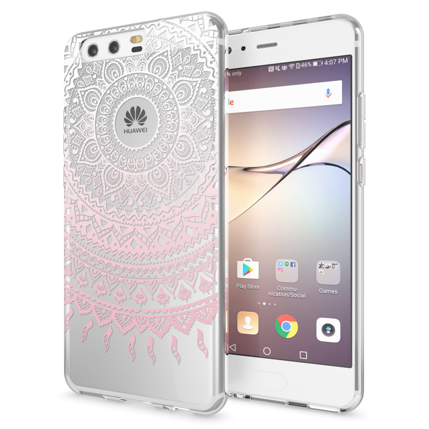 Ein weißes Huawei-Telefon mit einem rosa-weißen Mandala-Design auf der Hülle.