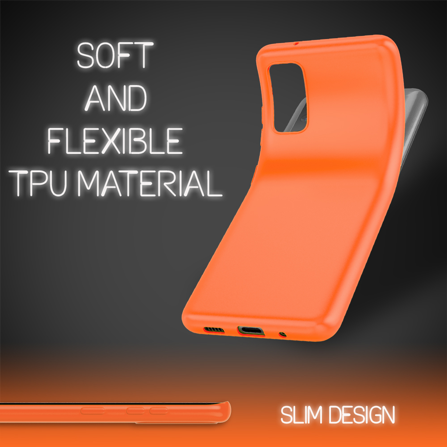Coque de téléphone orange pliée pour montrer la flexibilité. Texte : Matériau TPU souple et flexible. Design fin.