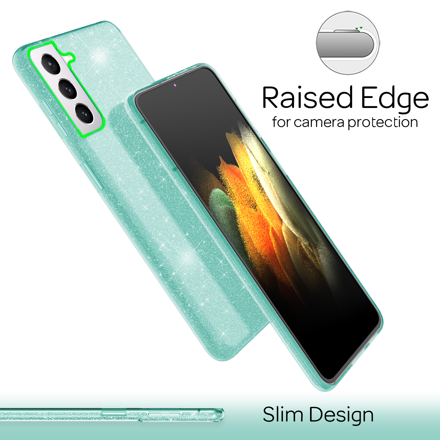 Eine türkisfarbene Handyhülle mit Glitzer. Telefon darin. Erhöhter Rand für Kameraschutz. Schlankes Design wird erwähnt.