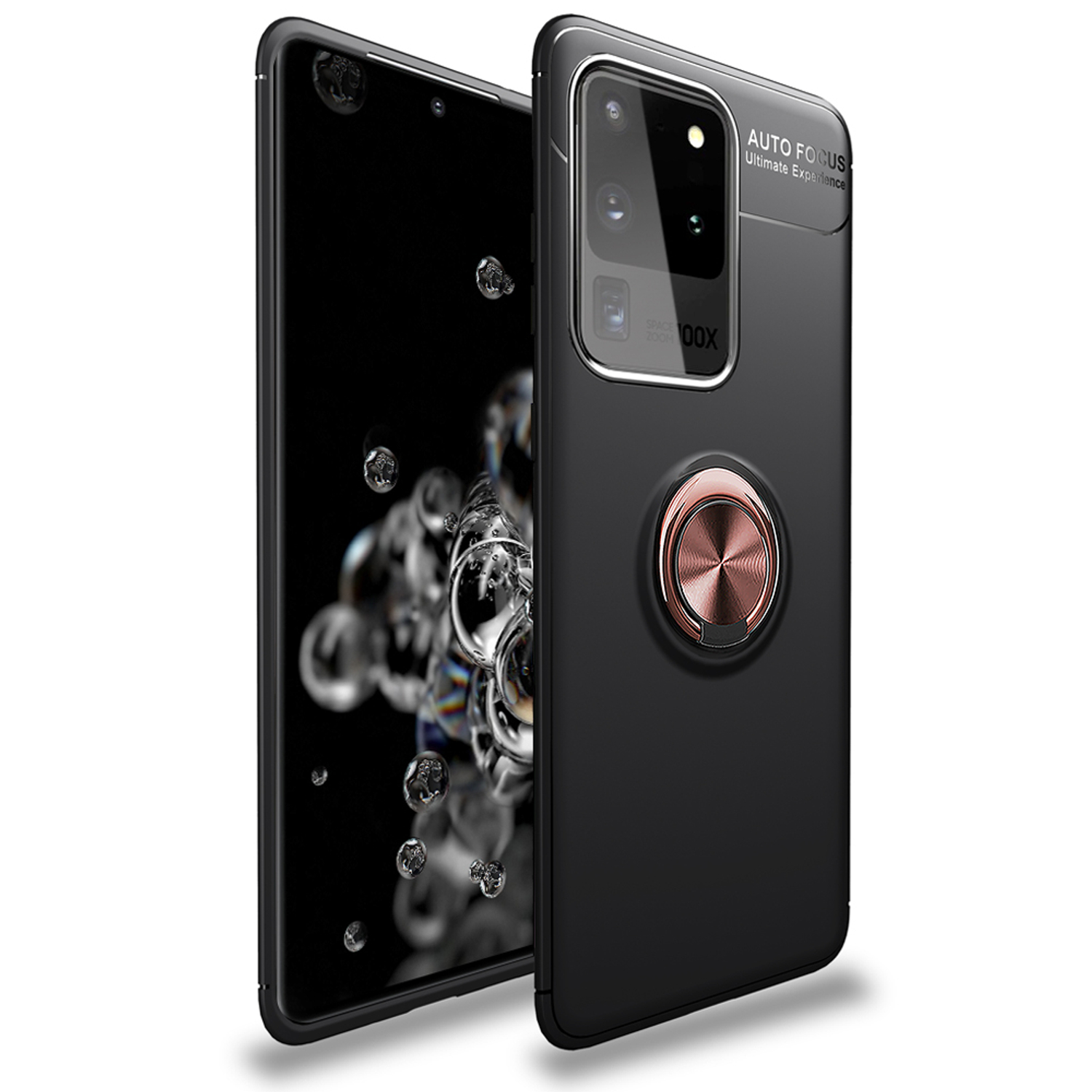 Schwarze Handyhülle mit Ringhalter. Das Telefon ist schwarz und hat eine Kamera auf der Rückseite.