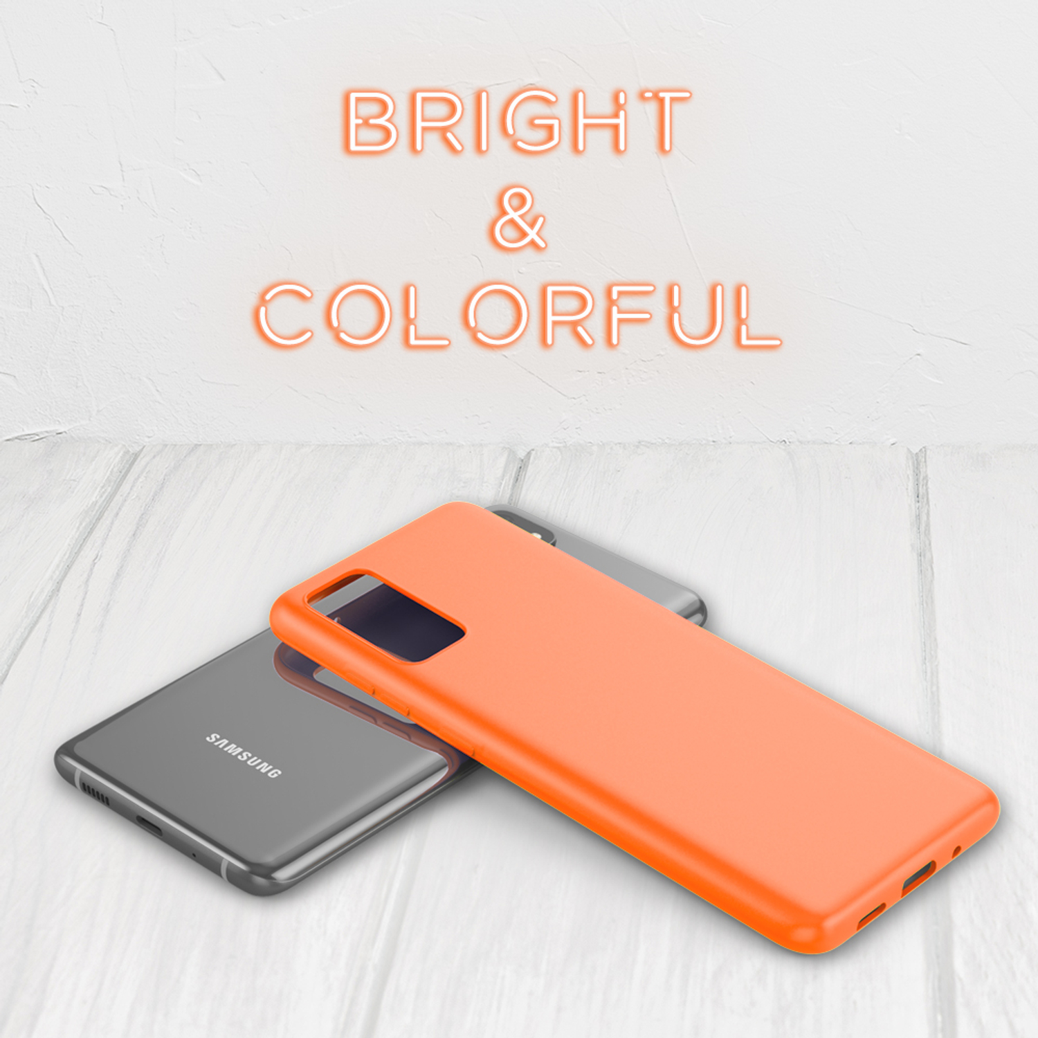 Orangefarbene Handyhülle und graues Telefon, auf Holzoberfläche platziert, mit hellem und farbenfrohem Text darüber.