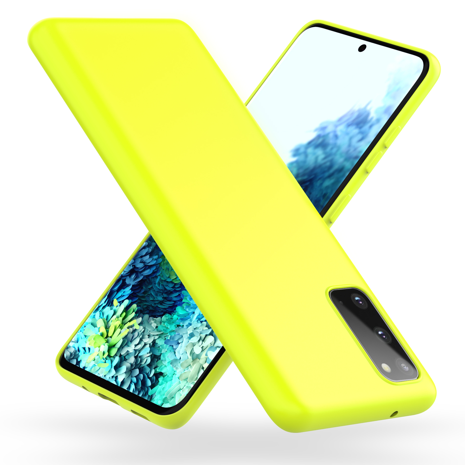 Coque de téléphone jaune. Deux téléphones sont présentés, l'un avec la coque et l'autre montrant le téléphone.
