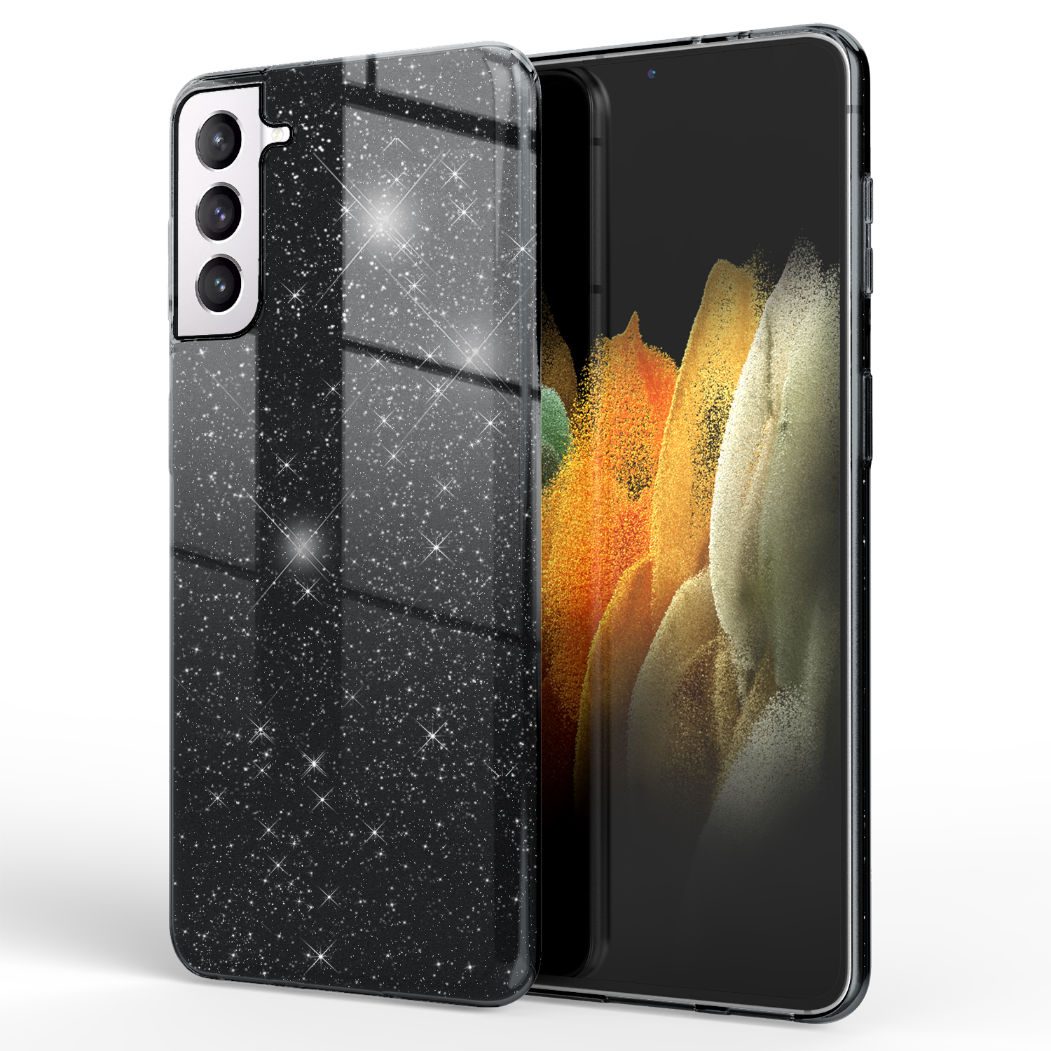 Schwarze Handyhülle mit Glitzer und ein Telefon. Der Bildschirm ist nicht sichtbar.