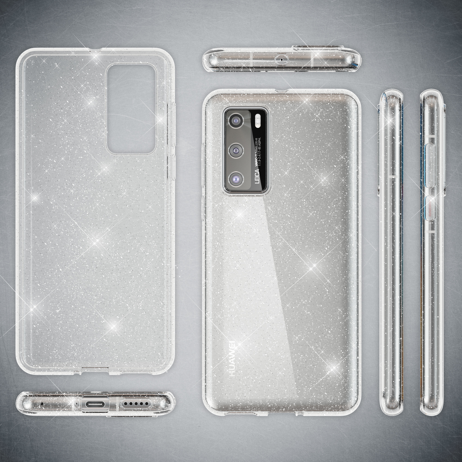 Eine Handyhülle, die klar mit Glitzer ist. Das Telefon ist silber mit einem Huawei-Logo.