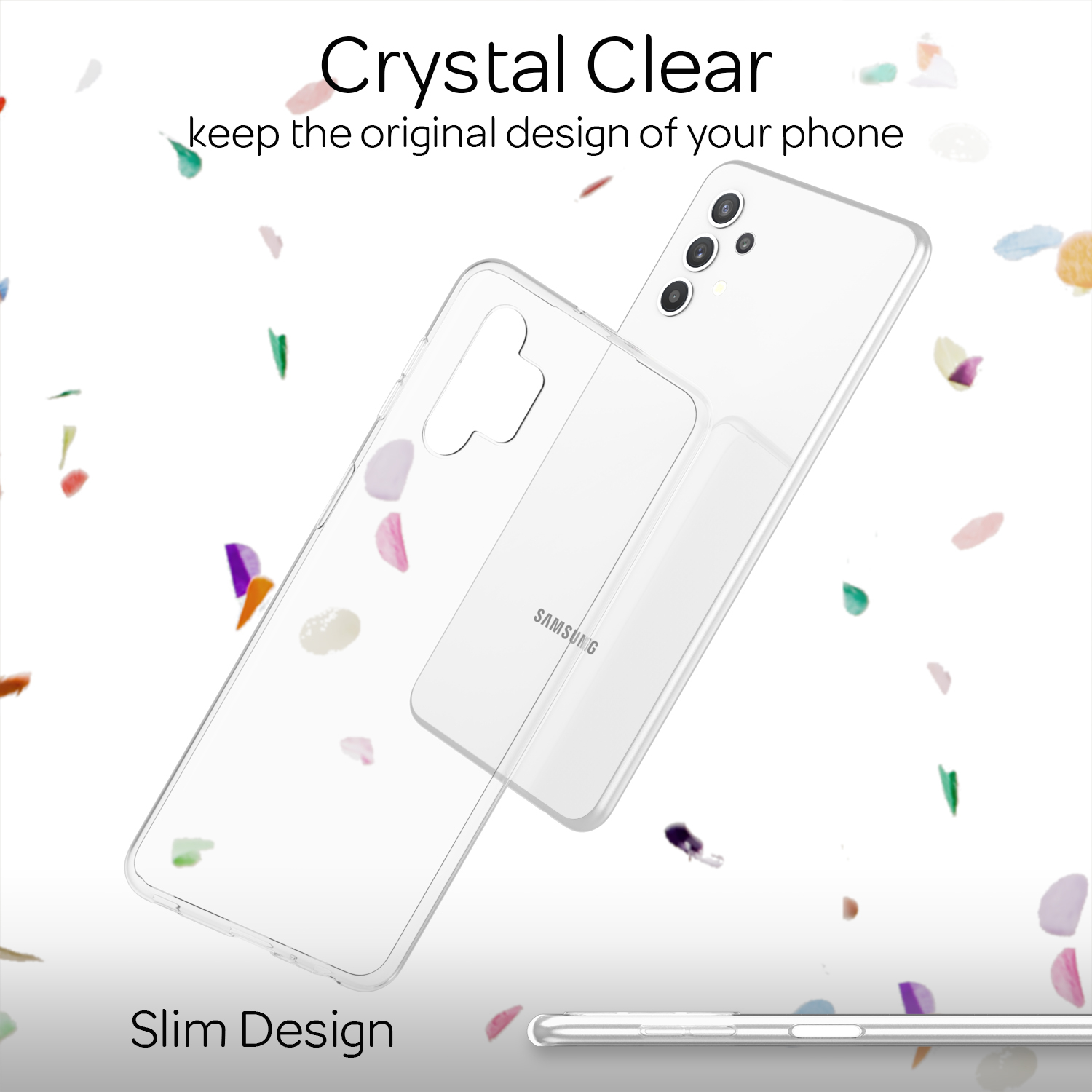 Zwei transparente Handyhüllen. Eigenschaften: schlankes Design, Samsung-Logo und farbiges Konfetti.
