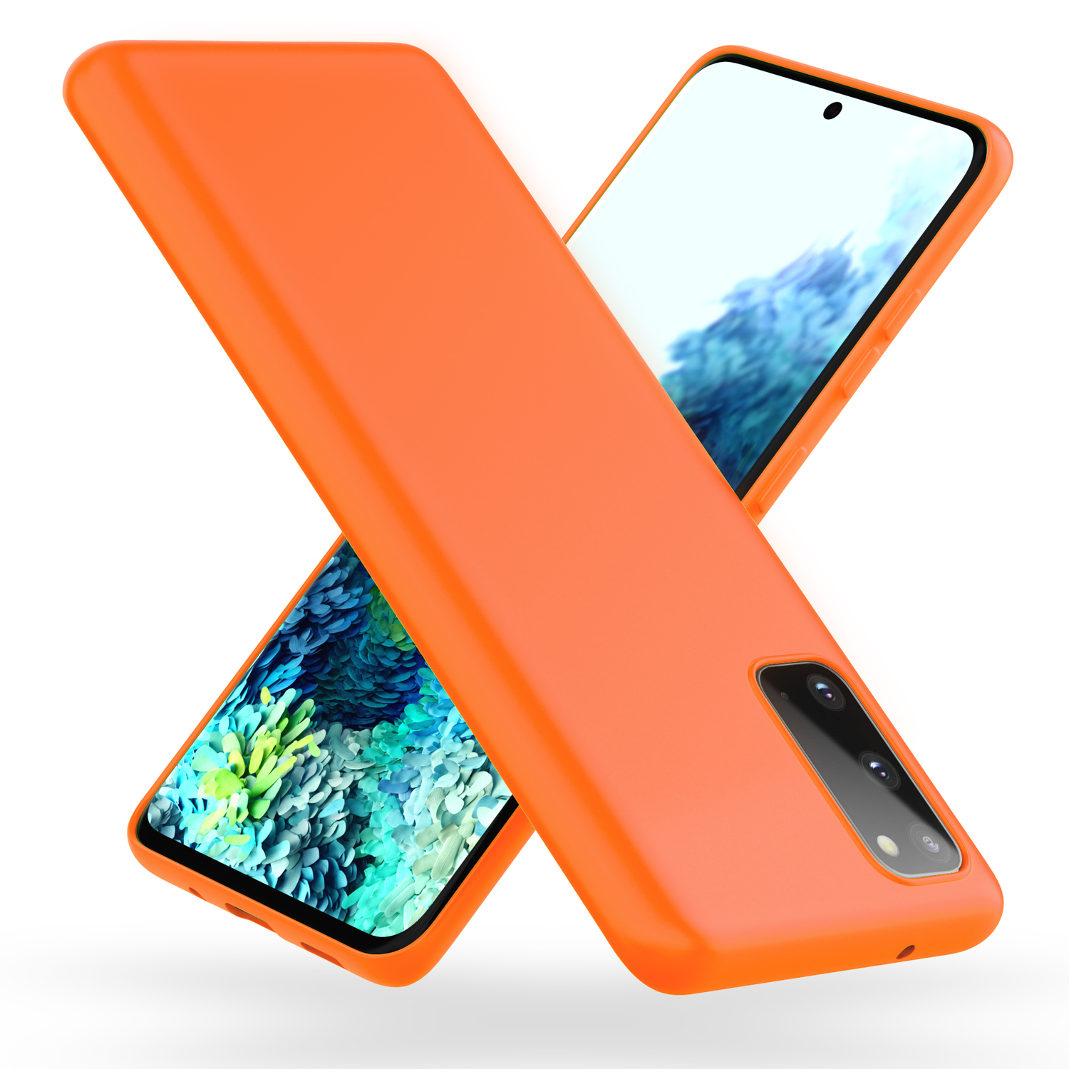 Deux coques de téléphone oranges. L'une recouvre un téléphone. L'autre est derrière. Les deux sont simples et unis.