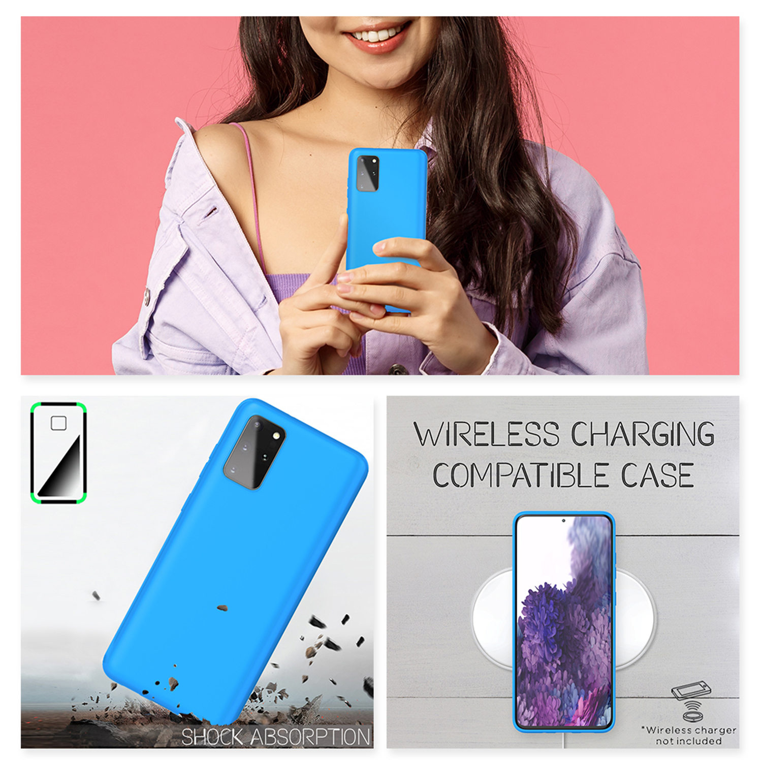 Eine Person hält eine blaue Handyhülle, mit Telefon auf kabellosem Ladegerät und Hülle.