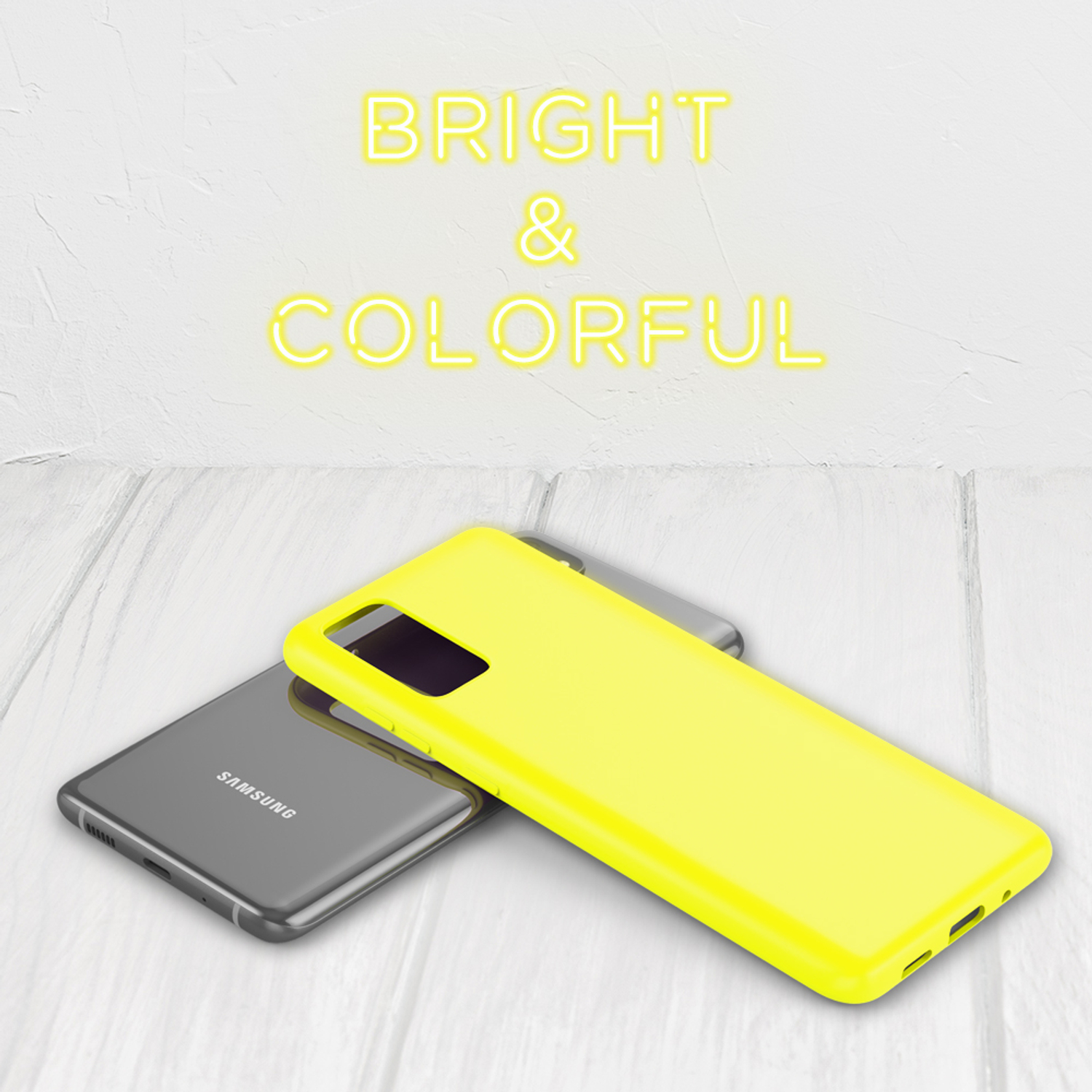Gelbe Handyhülle auf grauem Handy. Die Worte "BRIGHT & COLORFUL" werden in Neon-Schrift angezeigt.