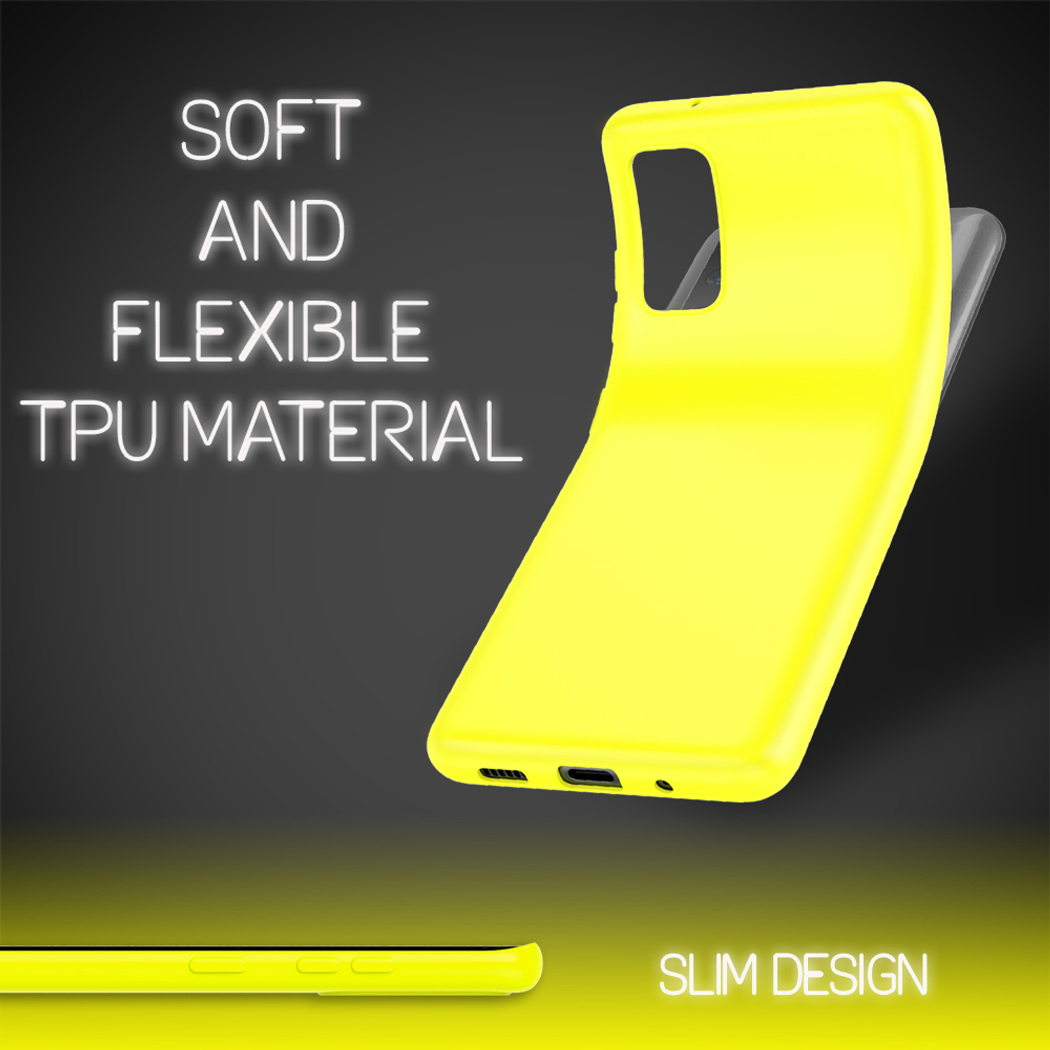 Gelbe Handyhülle, flexibel und mit schlankem Design, auf dunklem Hintergrund.