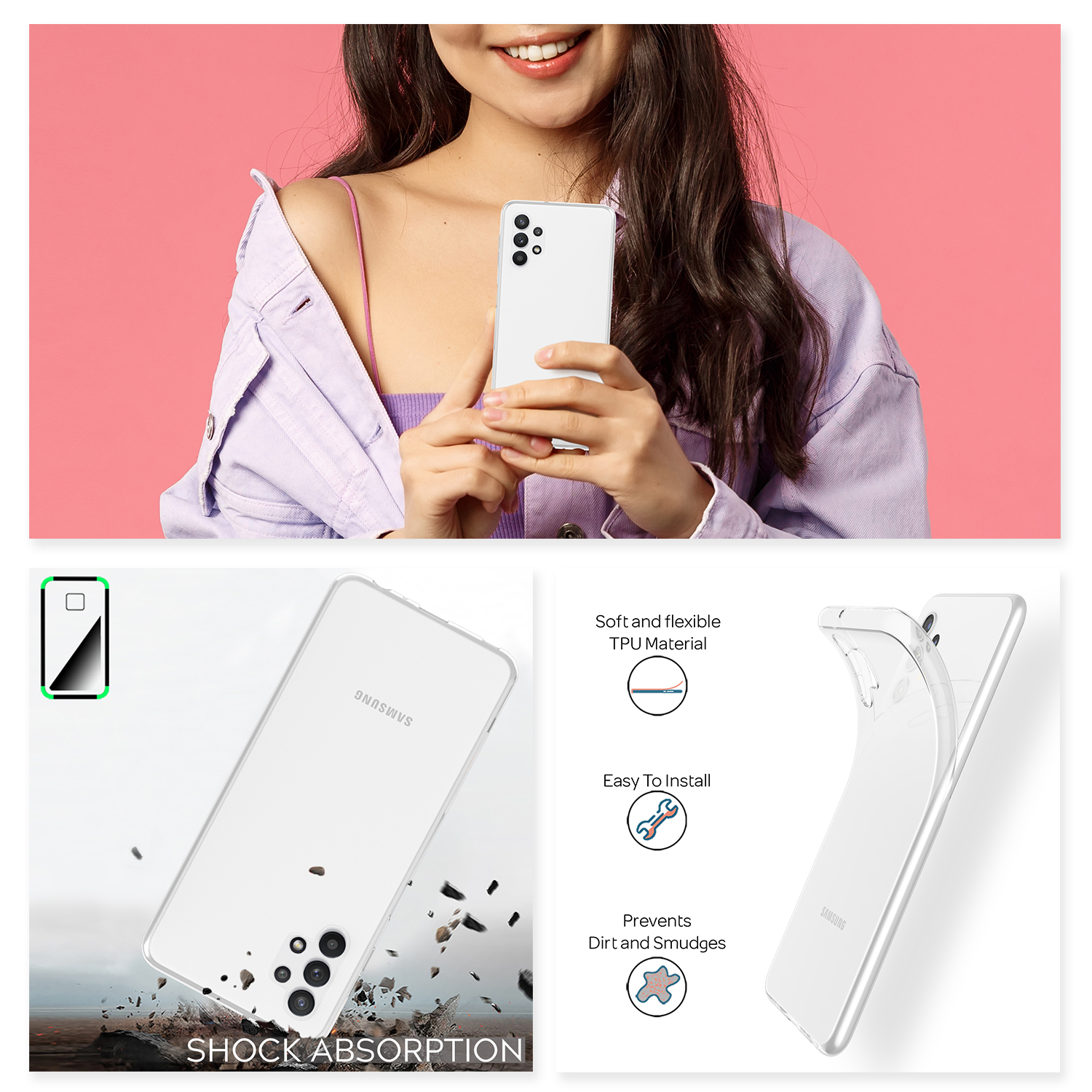 Eine Frau mit einem weißen Telefon und einer transparenten Handyhülle mit Stoßdämpfungsfunktionen.