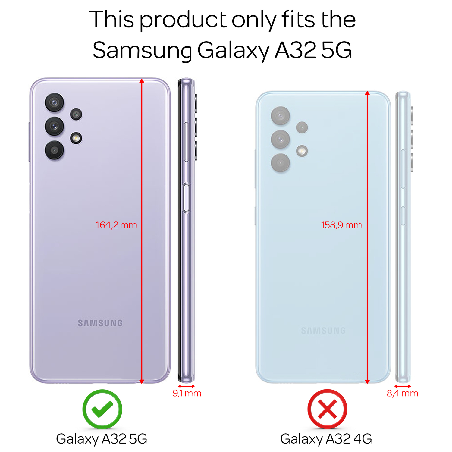 Zwei Samsung Galaxy-Telefone mit Maßen. Text weist auf Produktkompatibilität hin.