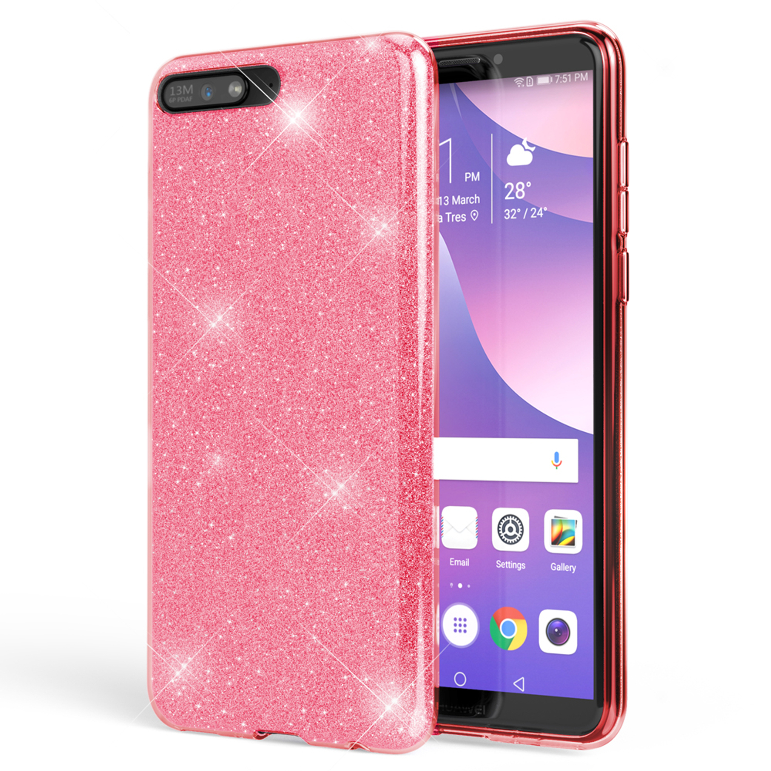 Rosa glitzernde Handyhülle. Telefon zeigt App-Symbole.