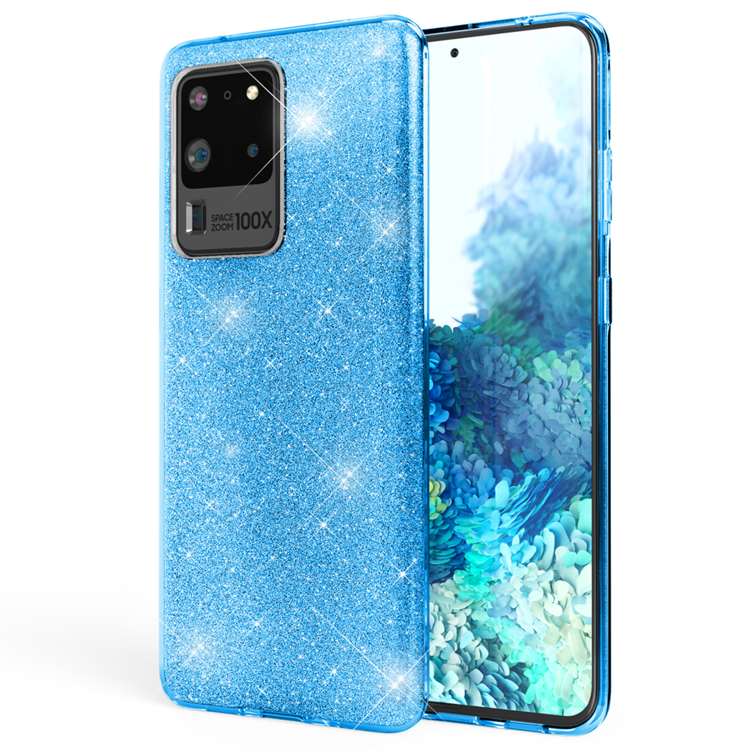 Blaue Glitzer-Handyhülle auf einem Telefon. Weißer Hintergrund.