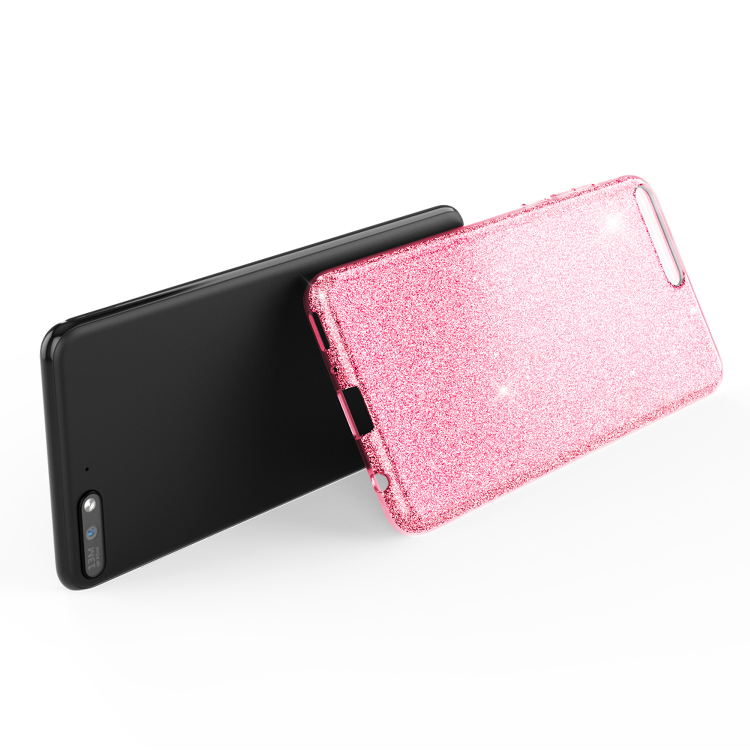 Deux coques de téléphone : une noire, une rose pailletée. Elles sont posées sur une surface blanche.