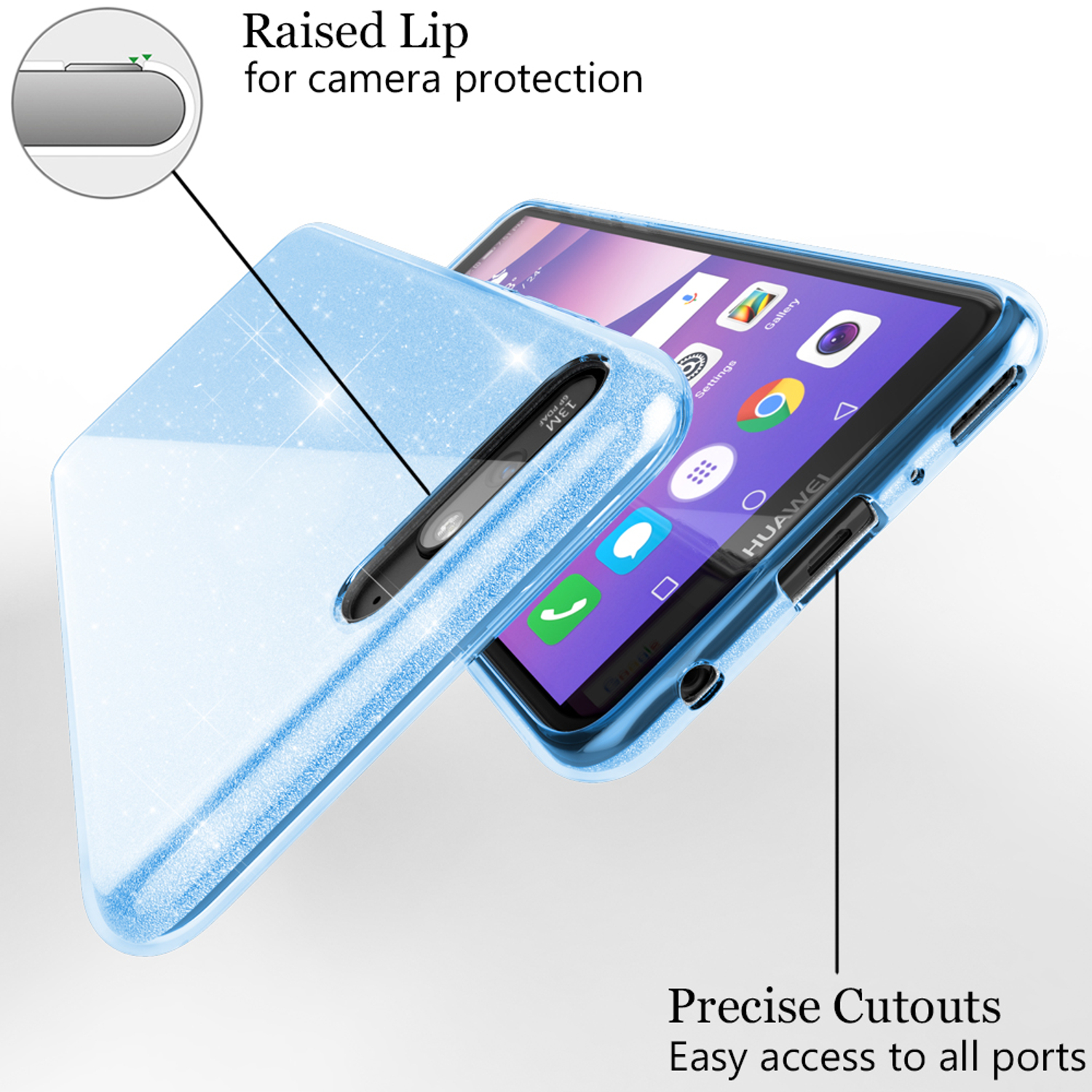 Blaues Telefon mit Hülle. Merkmale sind erhöhte Lippe für Kameraschutz und präzise Aussparungen.