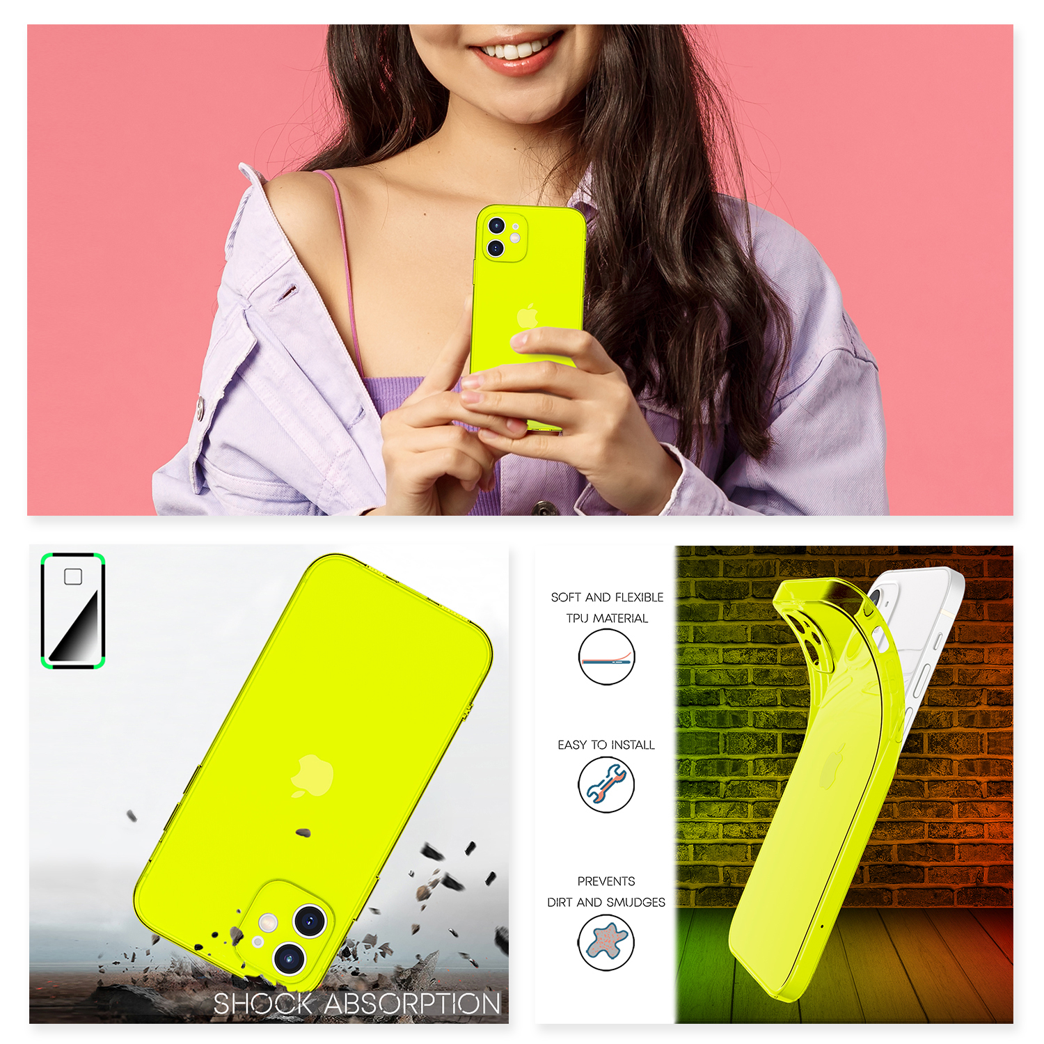 NALIA Klar Silikon iPhone 12 Hülle, Transparente Gelb Neon Backcover, Mini, Apple
