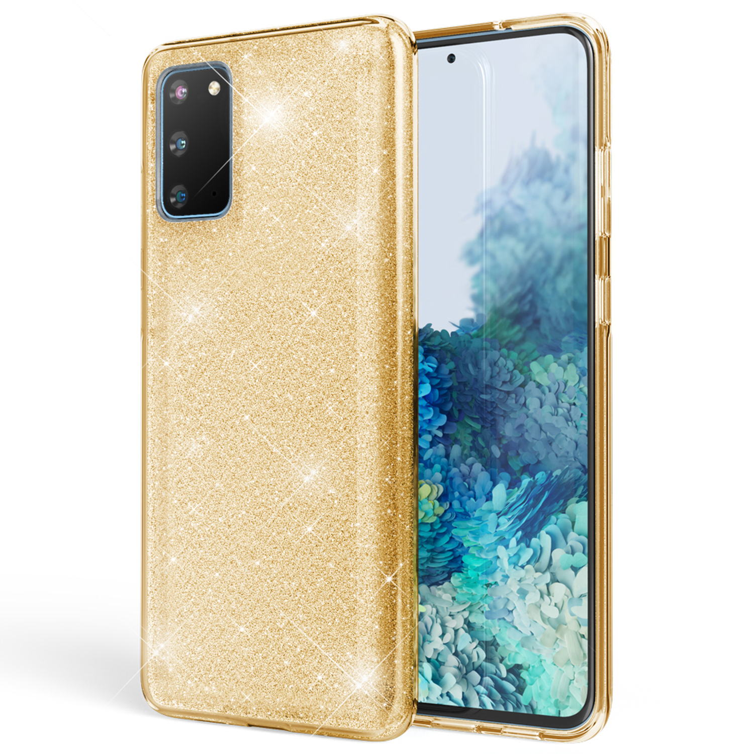 Goldglitzer-Handyhülle bedeckt ein Telefon. Das Telefon hat einen Bildschirm mit blau-weißem Hintergrund.