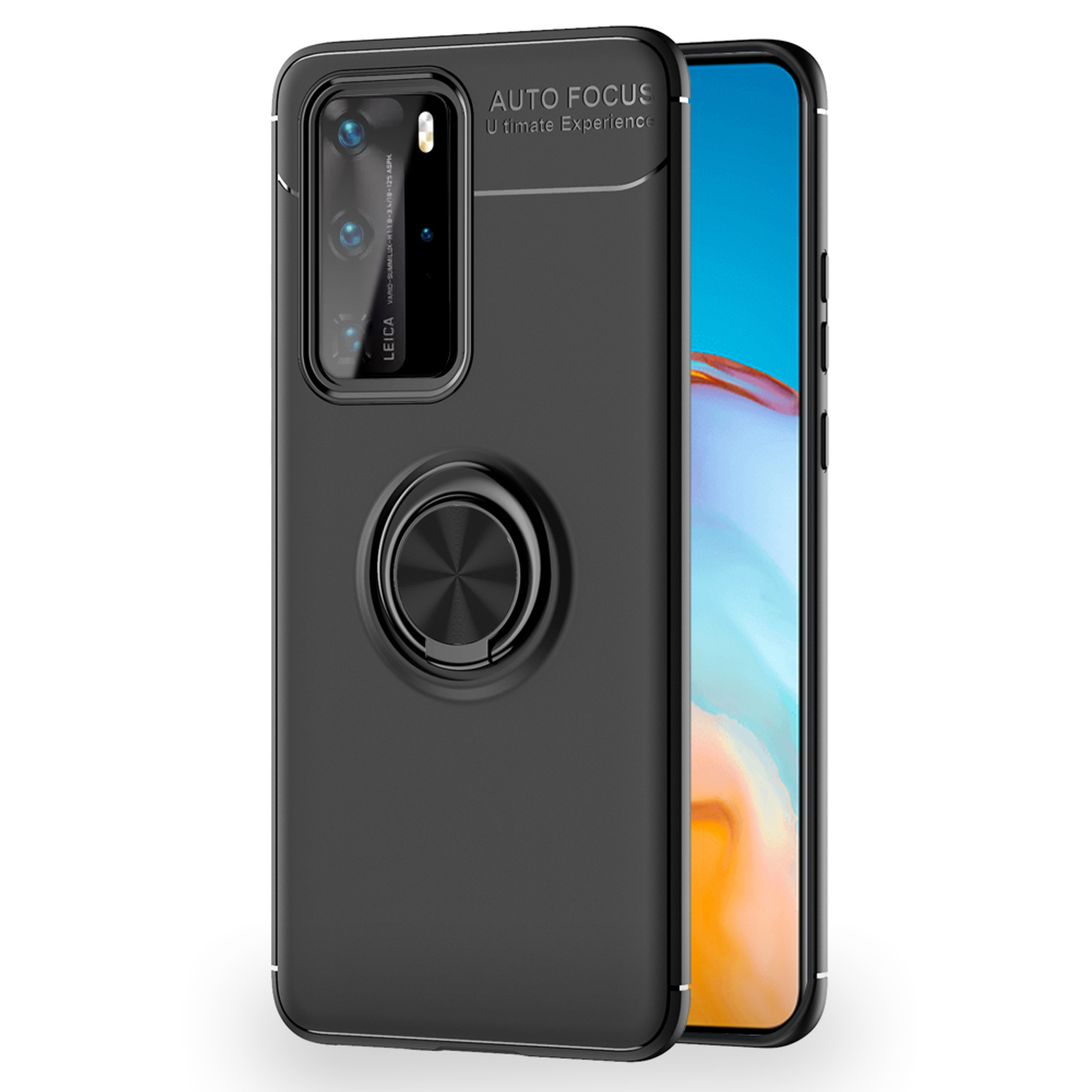 Schwarze Handyhülle auf einem schwarzen Telefon. Die Hülle hat einen Ringhalter und die Aufschrift "AUTO FOCUS Ultimate Experience".