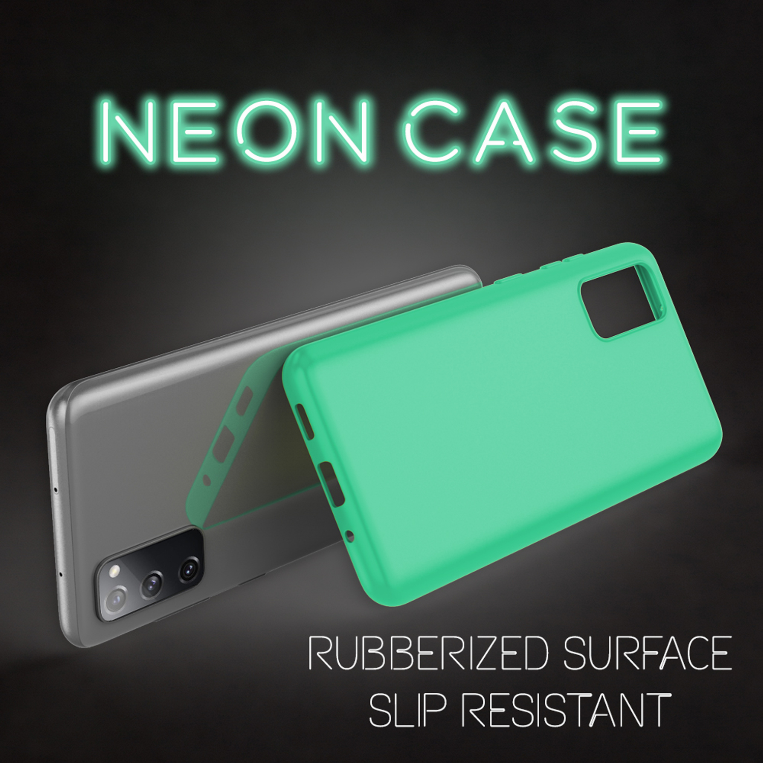 Grüne Handyhülle neben einem silbernen Telefon. Text: Neon-Hülle, gummierte Oberfläche, rutschfest.