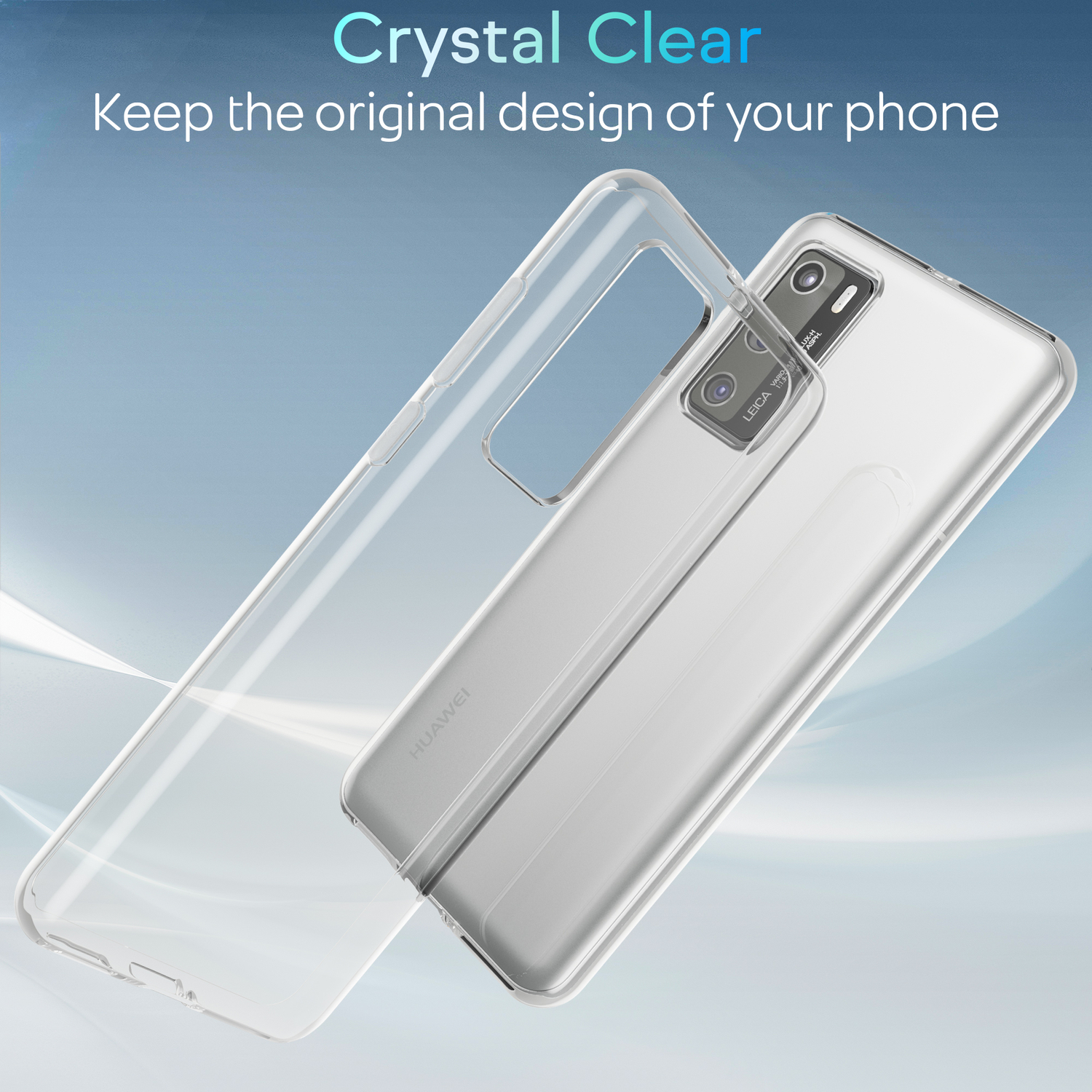 Eine transparente Handyhülle auf einem silbernen Huawei-Telefon. Der Hintergrund ist ein hellblauer und weißer Farbverlauf.